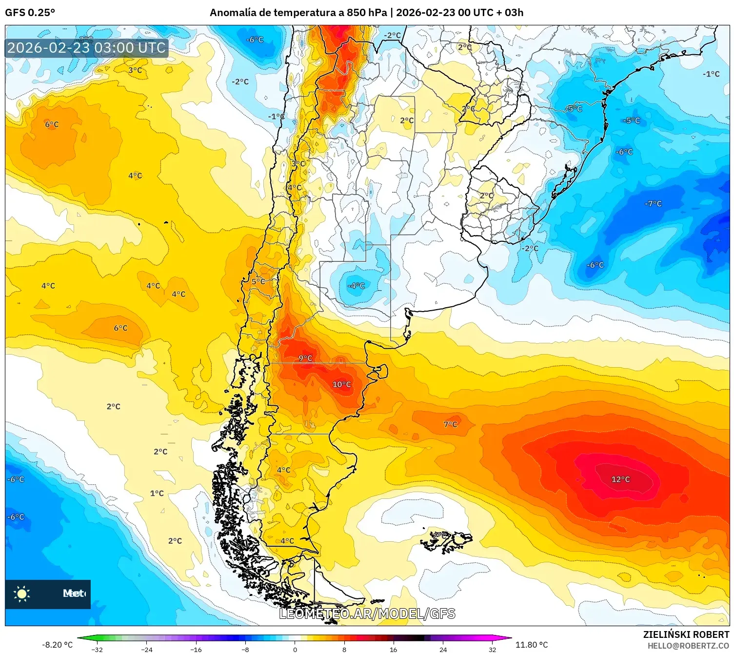 GFS model - Argentyna, Anomalia temperatury na 850 hPa