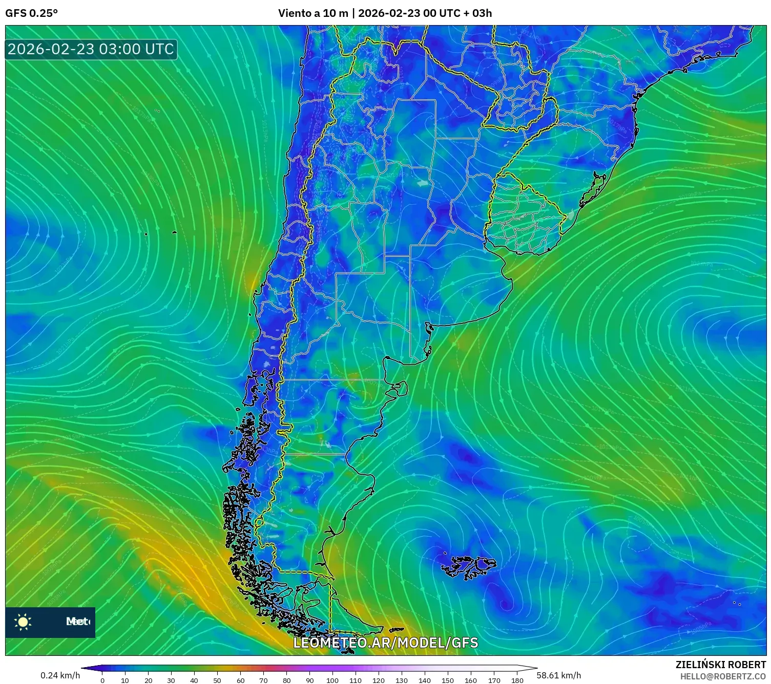 GFS model - Argentyna, Wiatr na 10 m