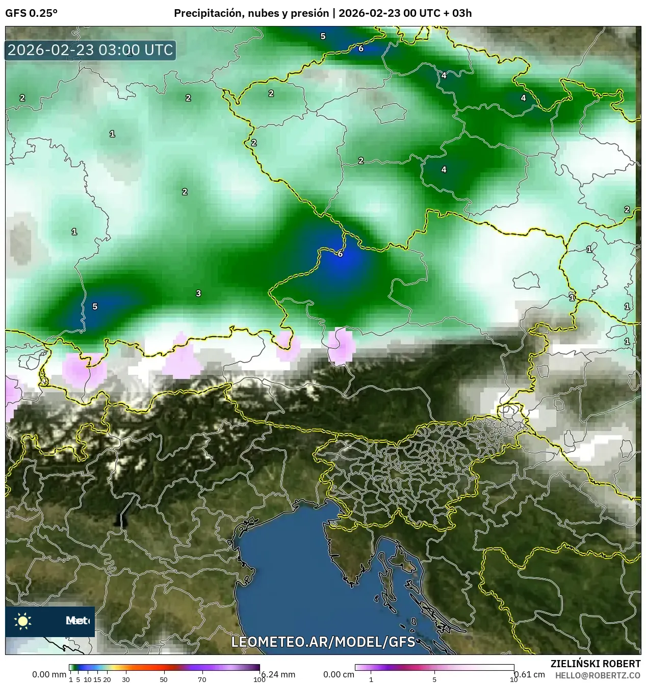 GFS model - Austria, Opady, chmury i ciśnienie