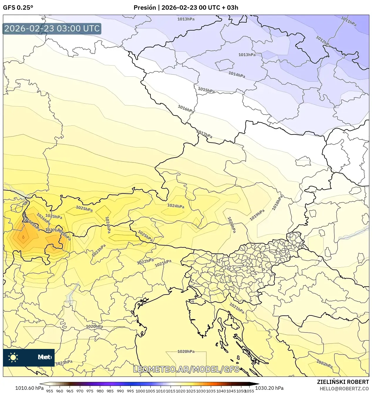 GFS model - Austria, Ciśnienie