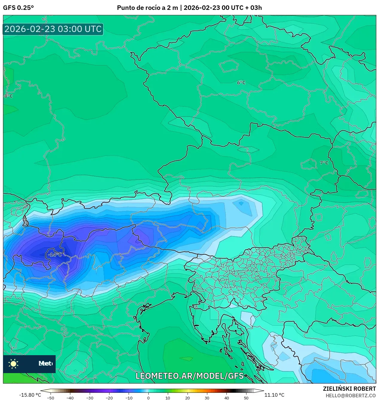 GFS model - Austria, Punkt rosy na 2 m