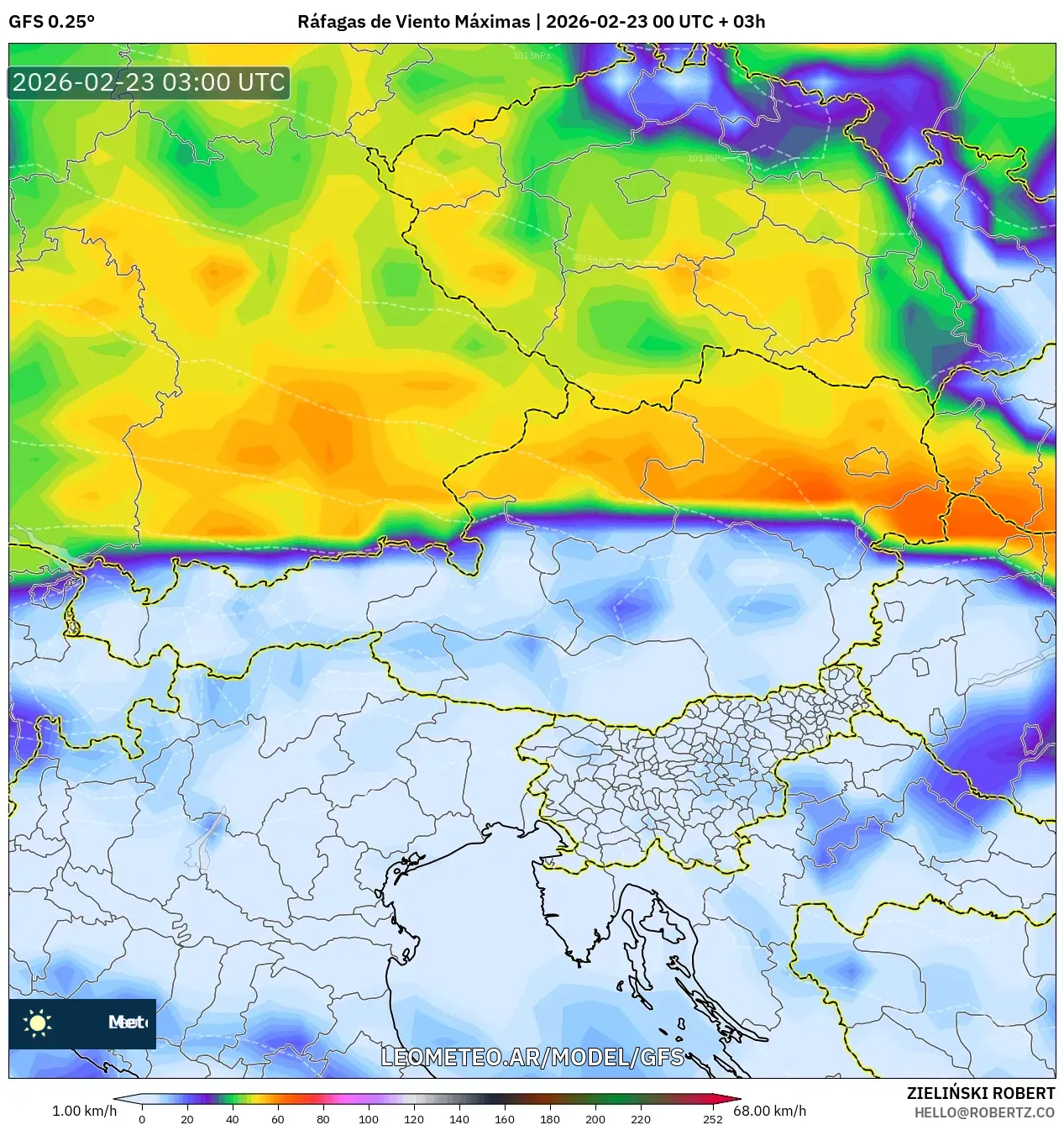 GFS model - Austria, Maksymalne Porywy Wiatru