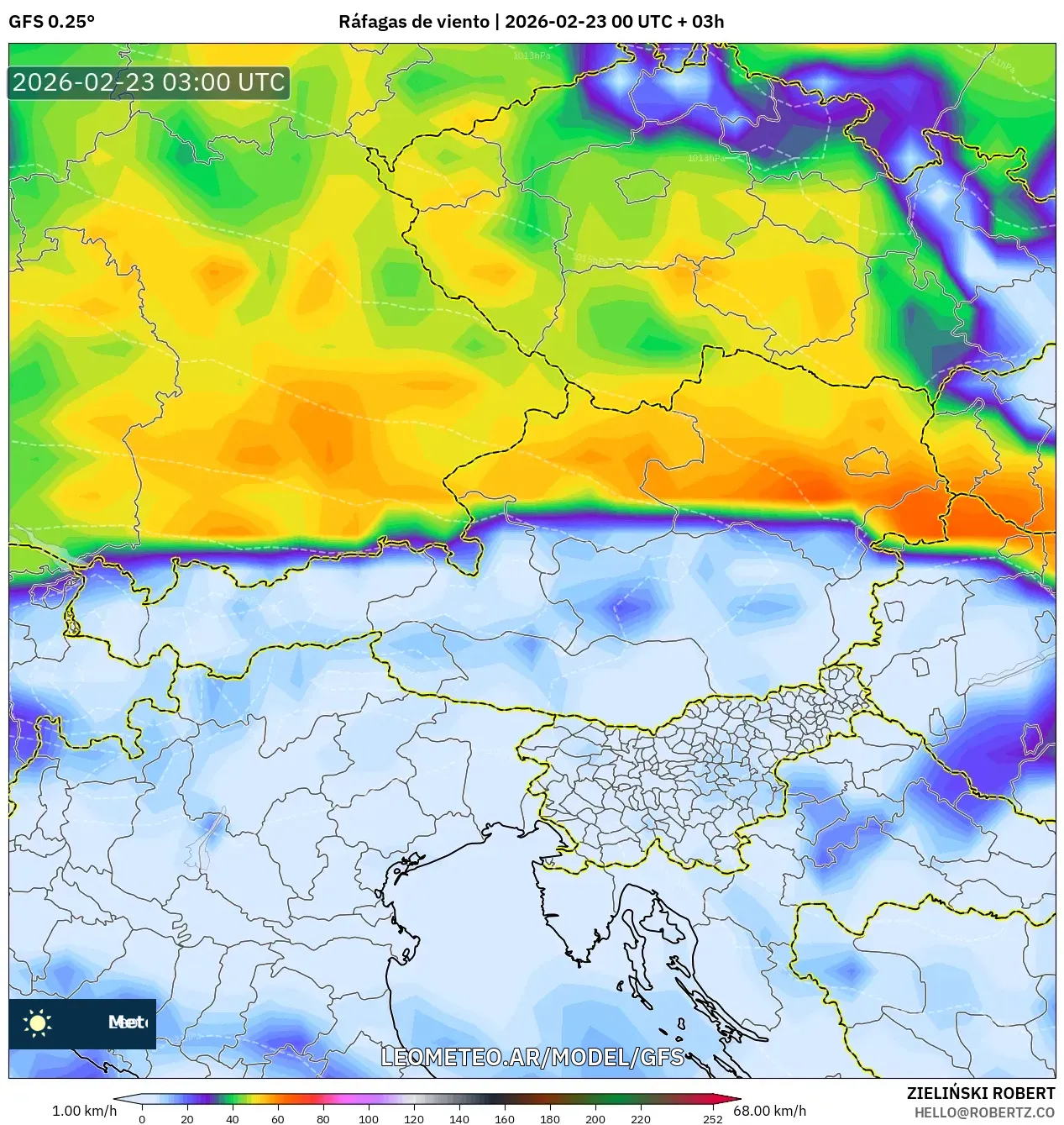 GFS model - Austria, Porywy wiatru