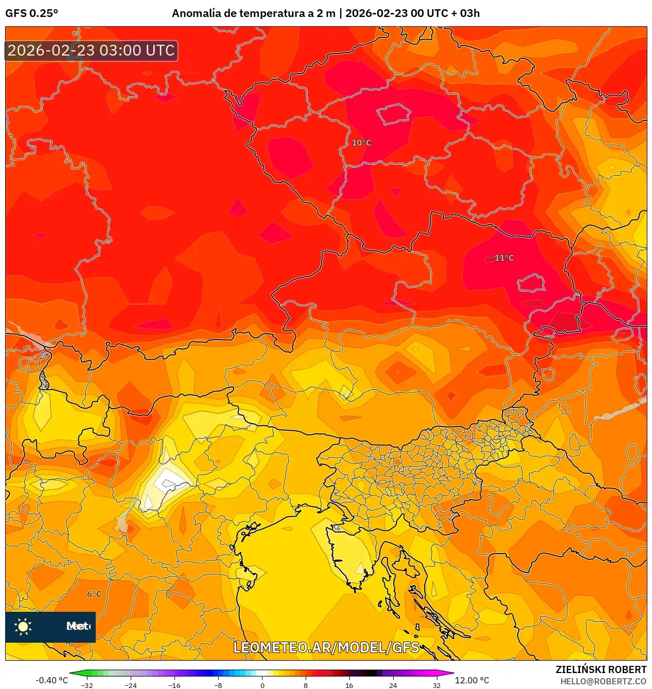 GFS model - Austria, Anomalia temperatury na 2 m