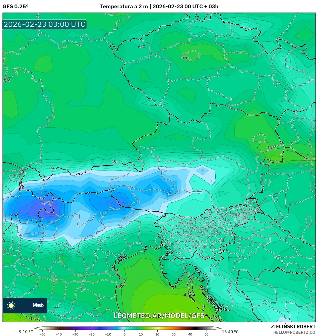 GFS model - Austria, Temperatura na 2 m