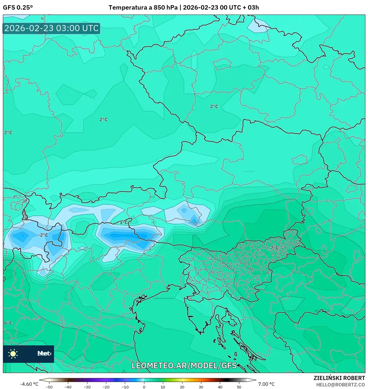 GFS model - Austria, Temperatura na 850 hPa