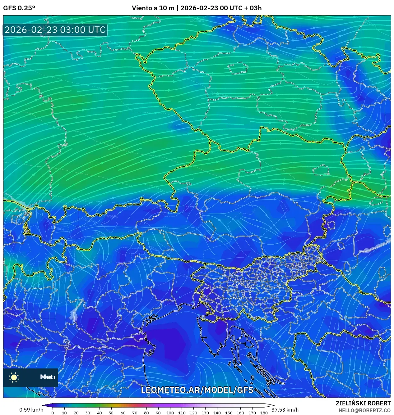 GFS model - Austria, Wiatr na 10 m