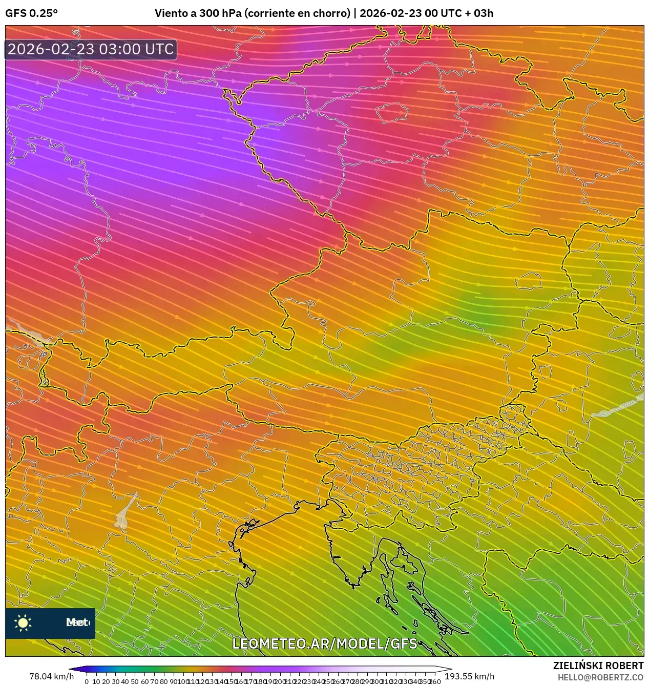 GFS model - Austria, Wiatr na 300 hPa (prąd strumieniowy)