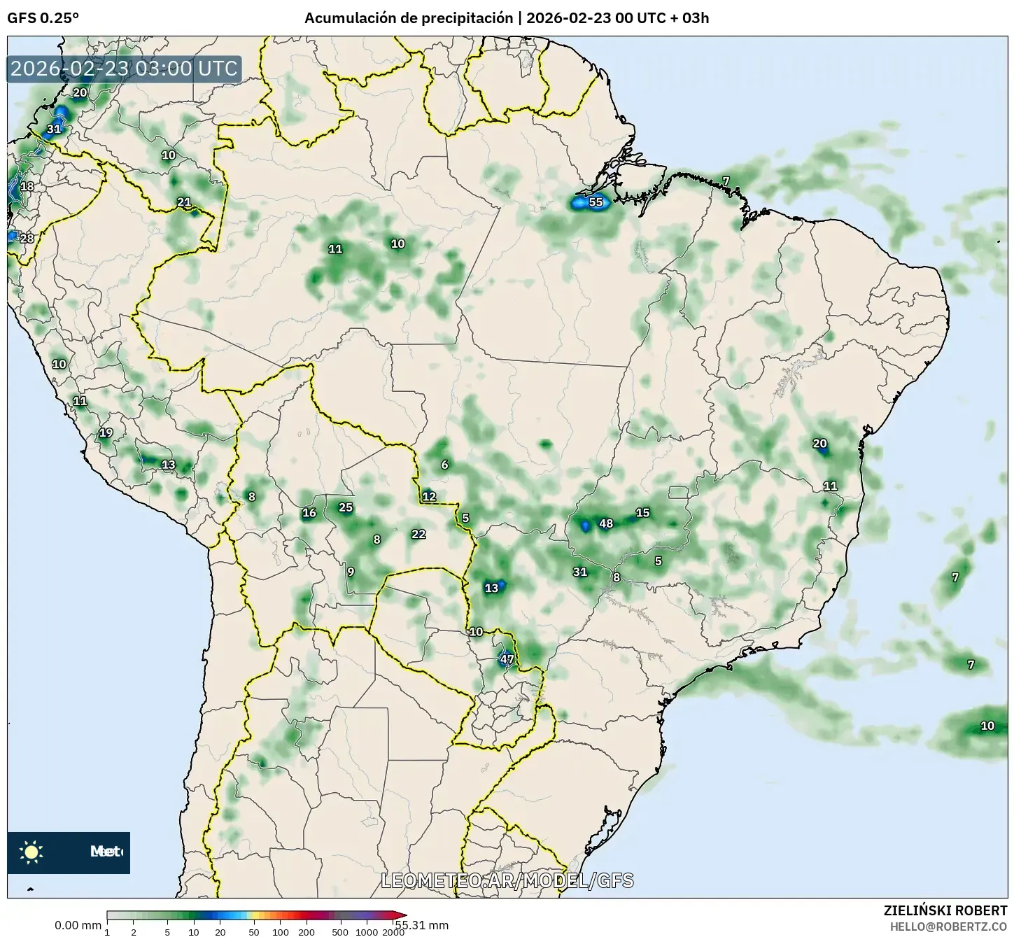 GFS model - Brazylia, Suma opadów