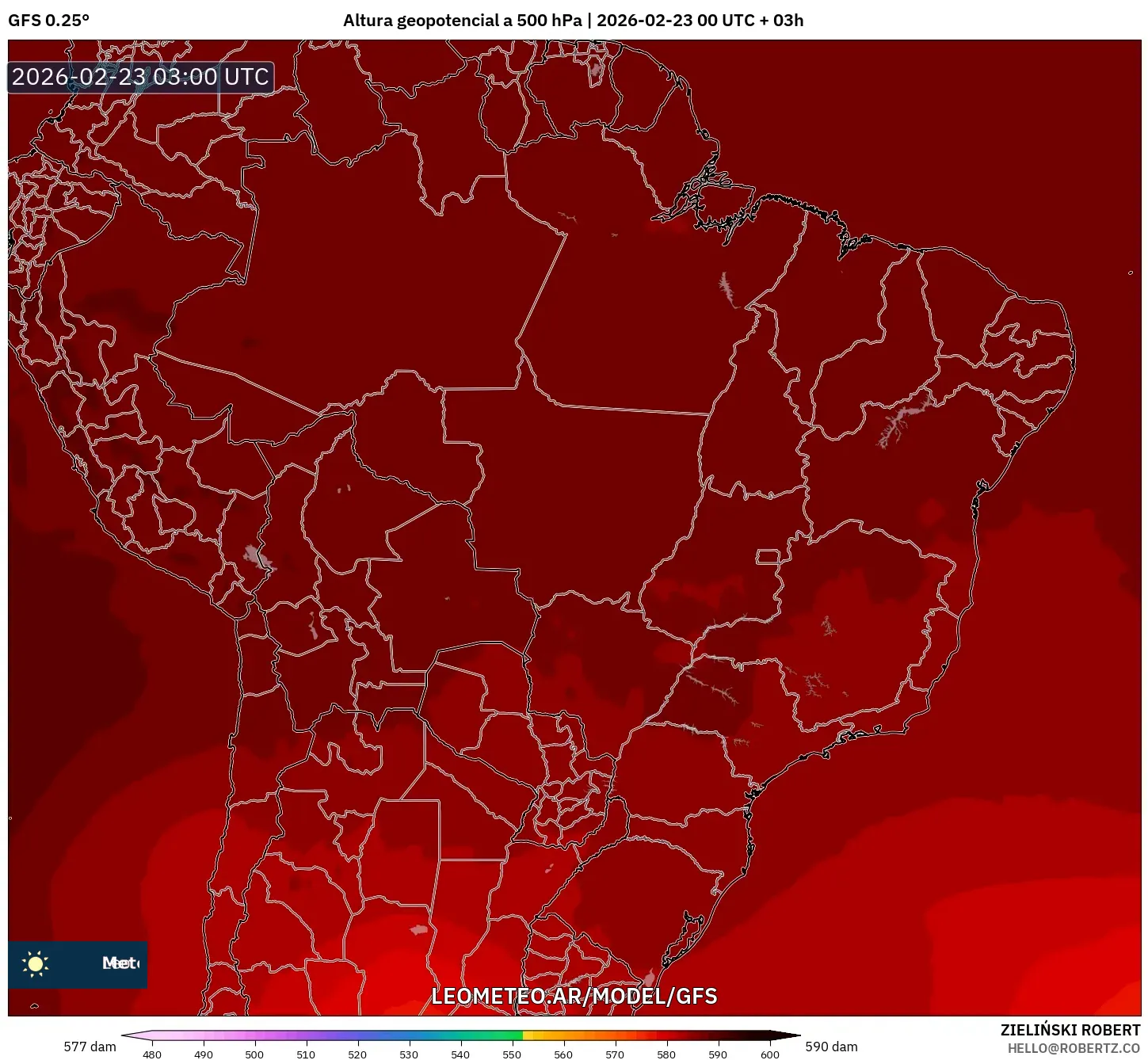 GFS model - Brazylia, Wysokość geopotencjalna na poziomie 500 hPa