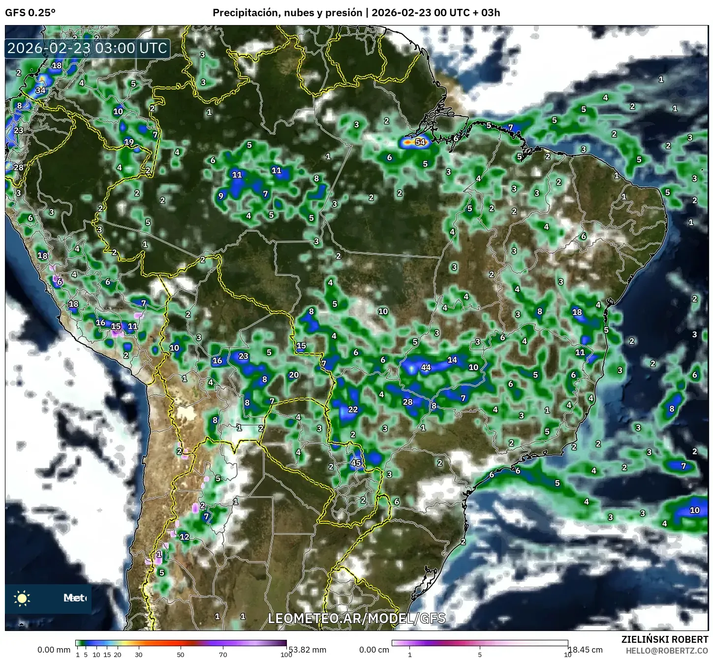 GFS model - Brazylia, Opady, chmury i ciśnienie