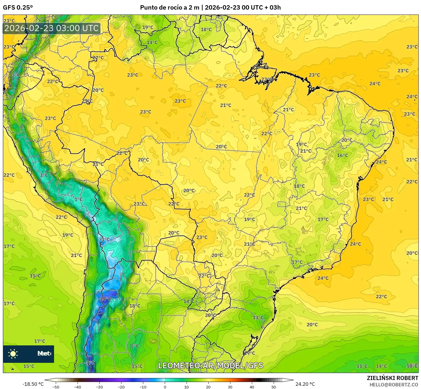 GFS model - Brazylia, Punkt rosy na 2 m