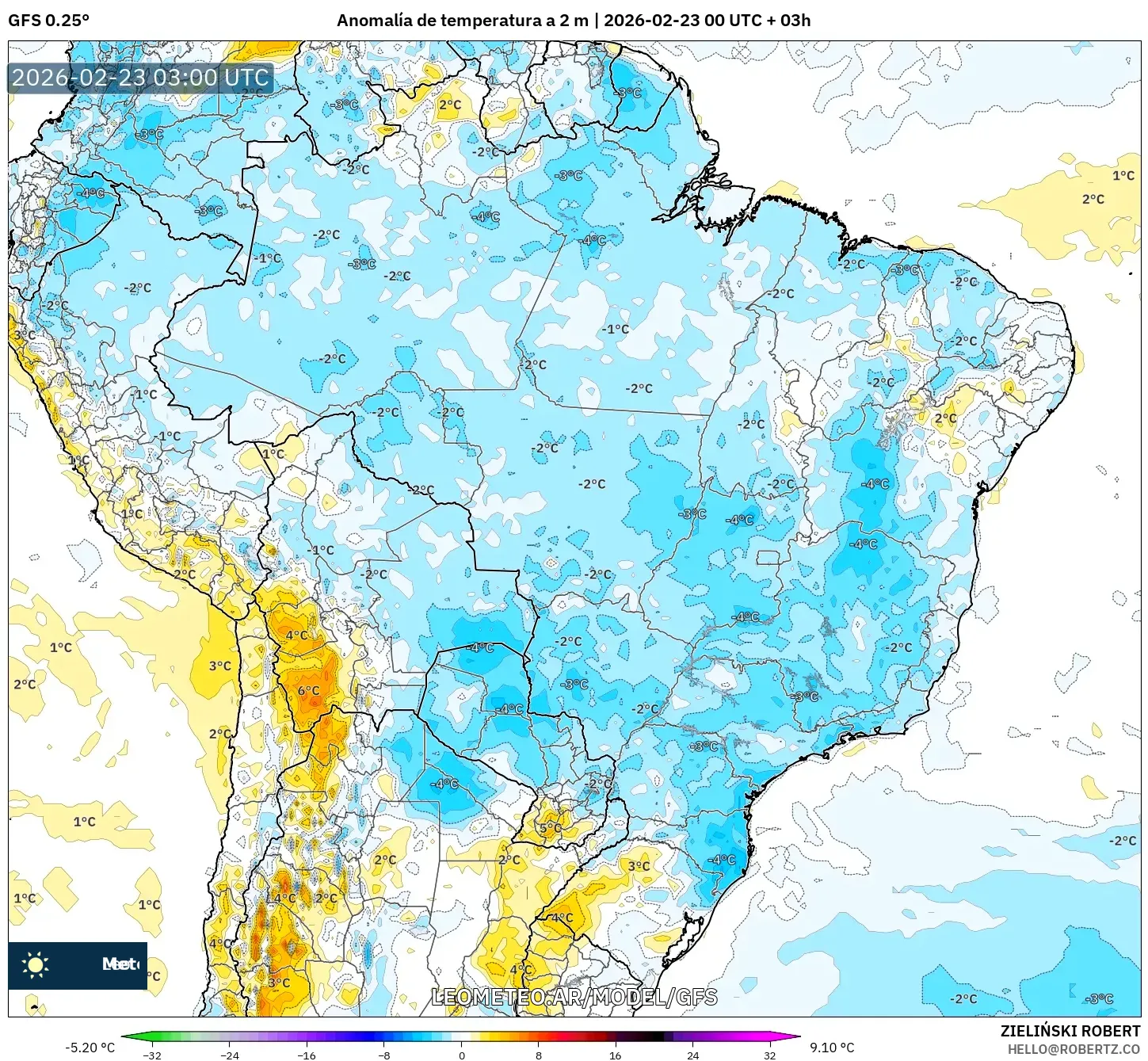 GFS model - Brazylia, Anomalia temperatury na 2 m