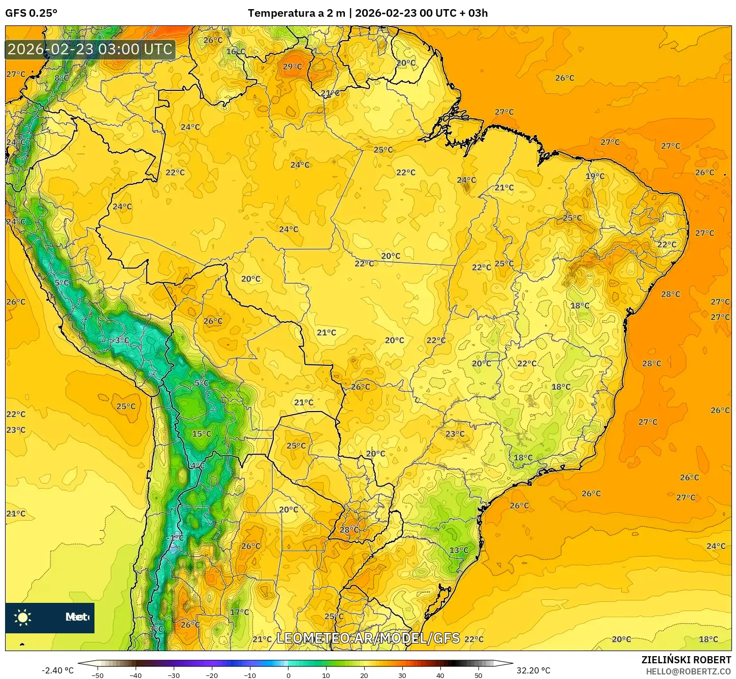 GFS model - Brazylia, Temperatura na 2 m