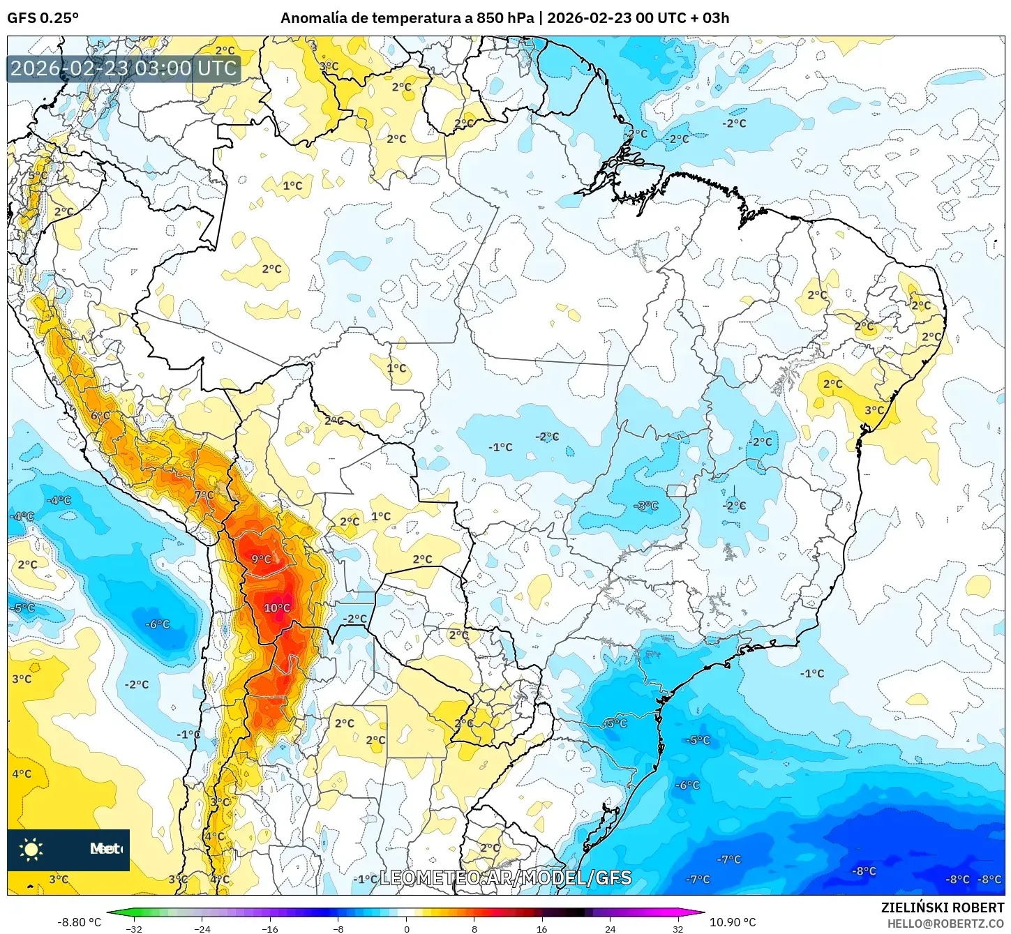 GFS model - Brazylia, Anomalia temperatury na 850 hPa