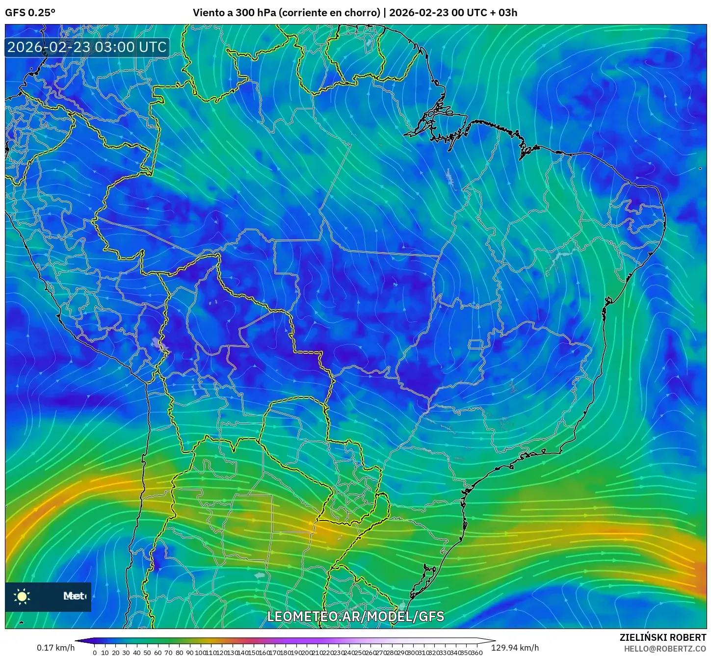 GFS model - Brazylia, Wiatr na 300 hPa (prąd strumieniowy)