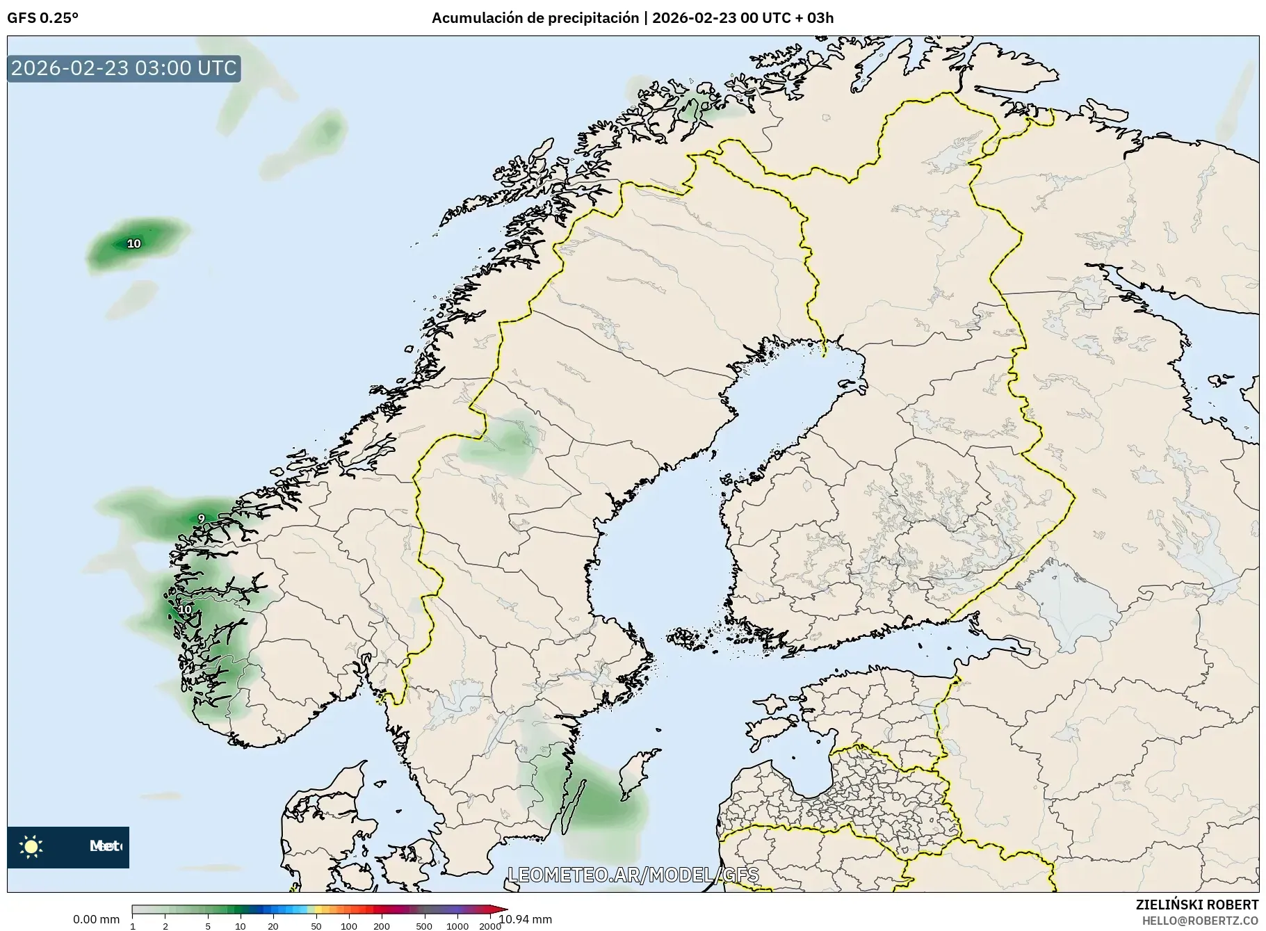 GFS model - Skandynawia, Suma opadów