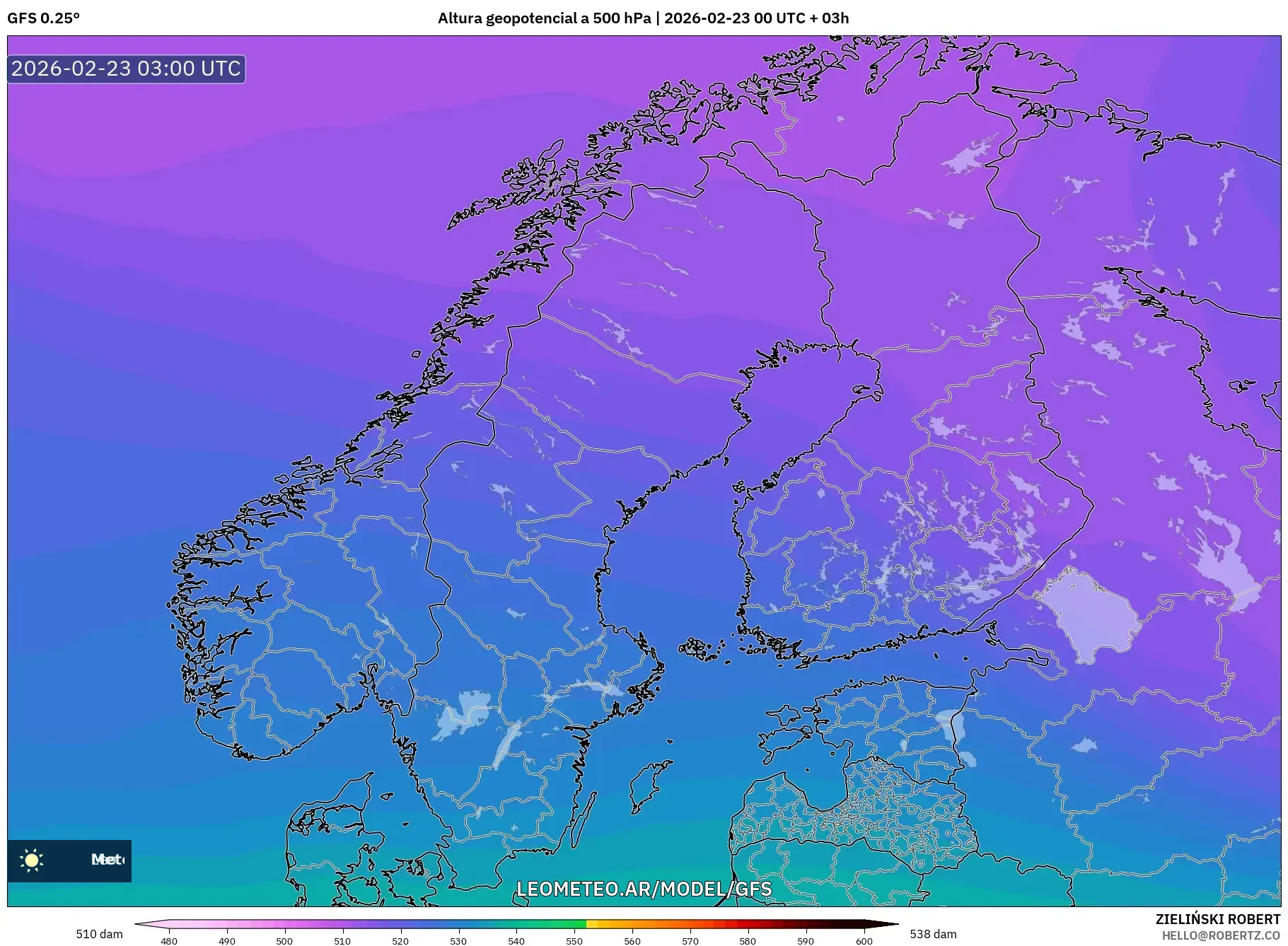 GFS model - Skandynawia, Wysokość geopotencjalna na poziomie 500 hPa