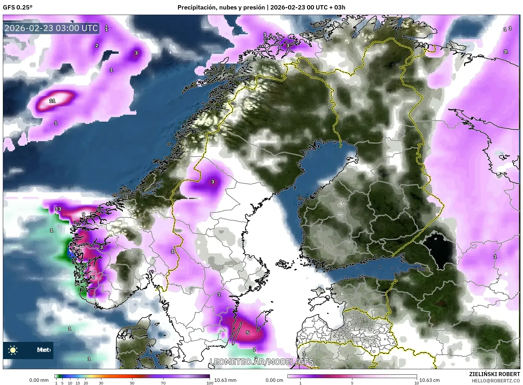GFS model - Skandynawia, Opady, chmury i ciśnienie
