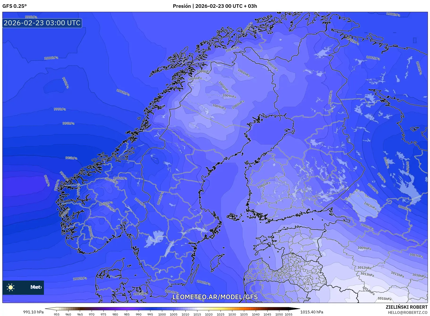 GFS model - Skandynawia, Ciśnienie