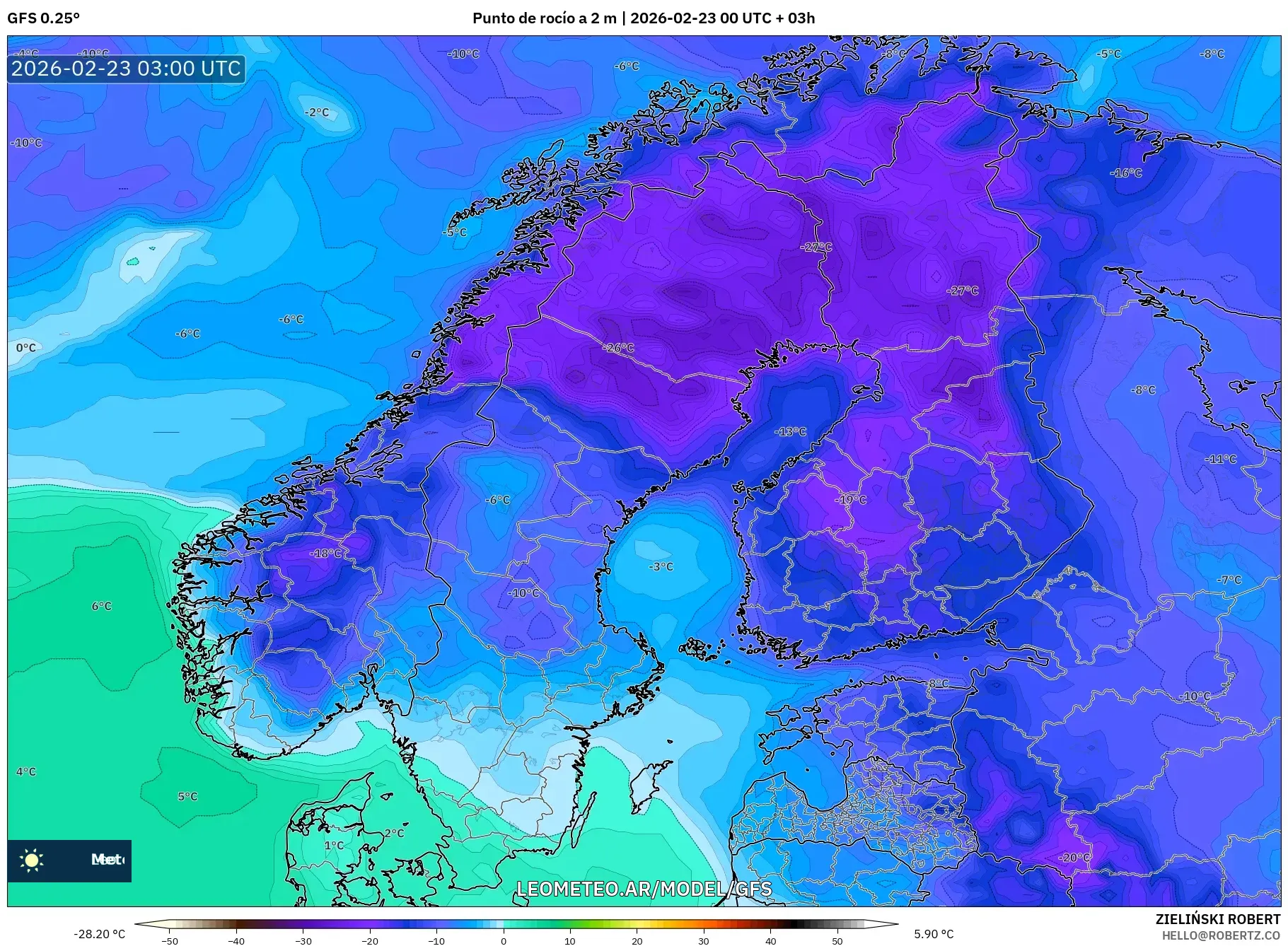GFS model - Skandynawia, Punkt rosy na 2 m