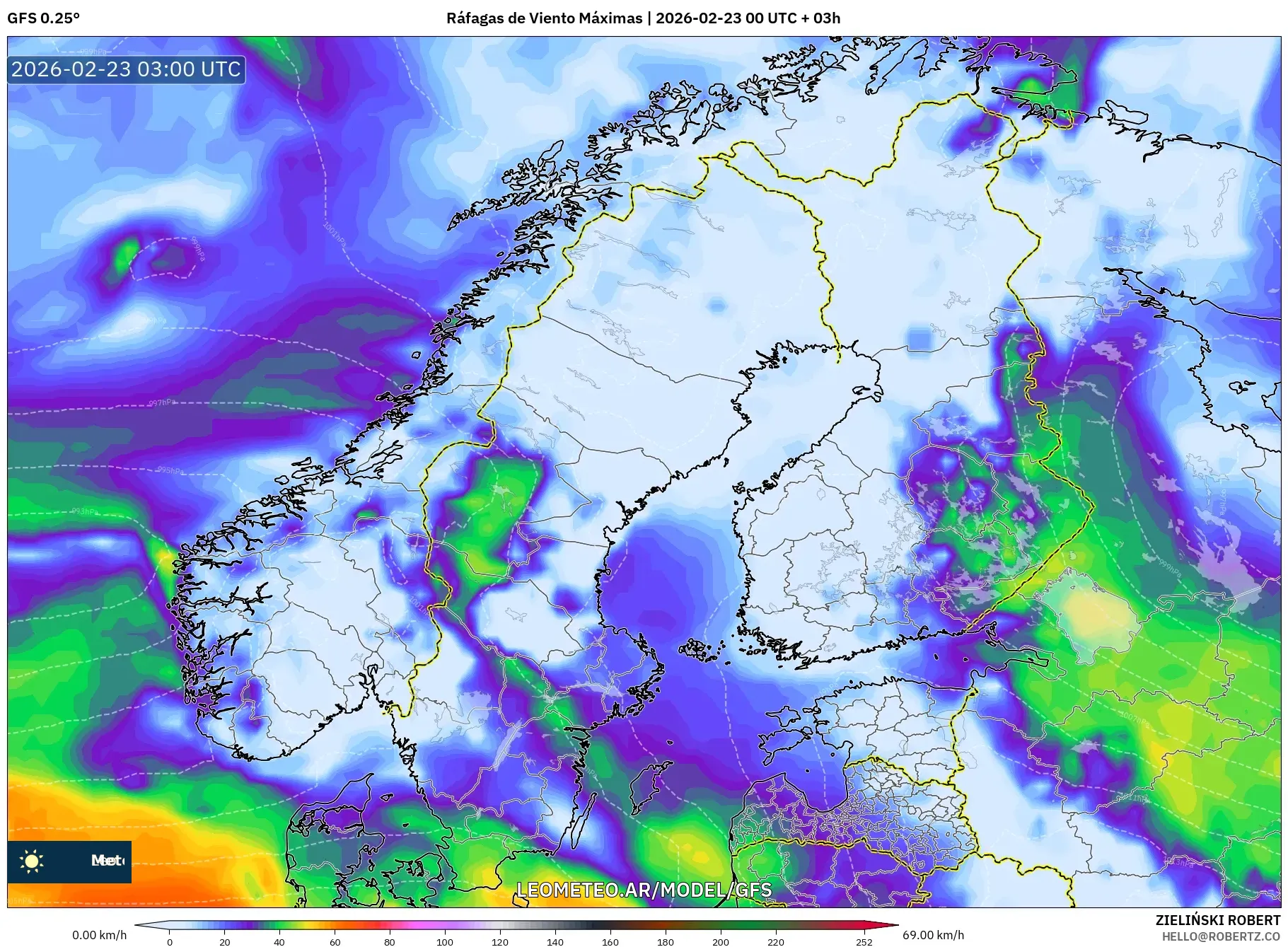 GFS model - Skandynawia, Maksymalne Porywy Wiatru