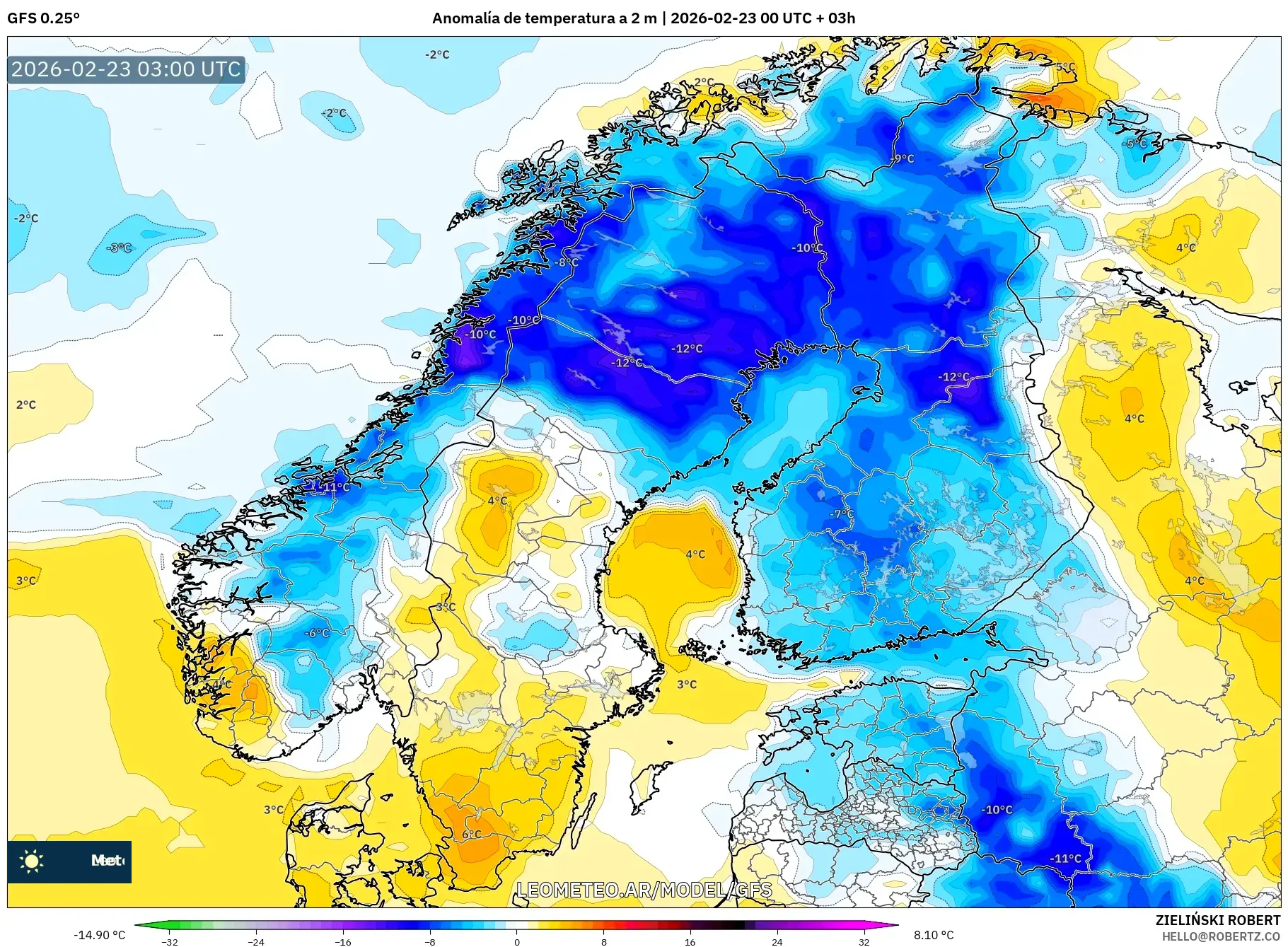 GFS model - Skandynawia, Anomalia temperatury na 2 m