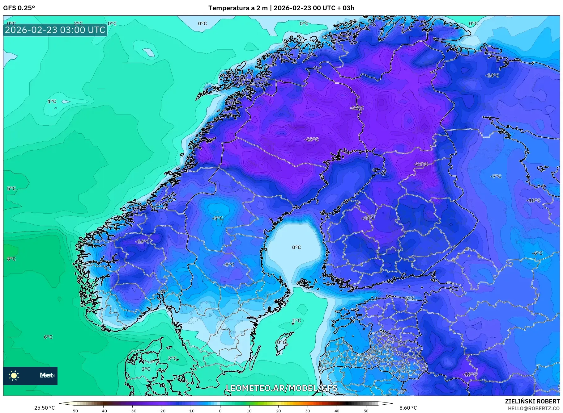 GFS model - Skandynawia, Temperatura na 2 m