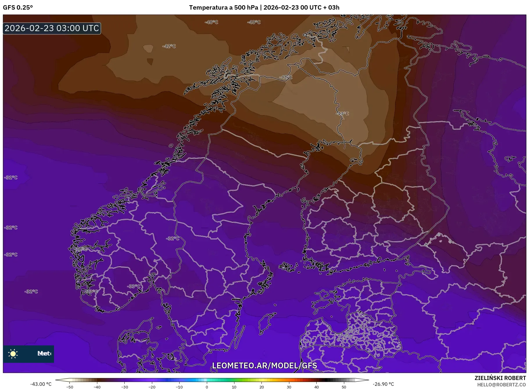 GFS model - Skandynawia, Temperatura na 500 hPa