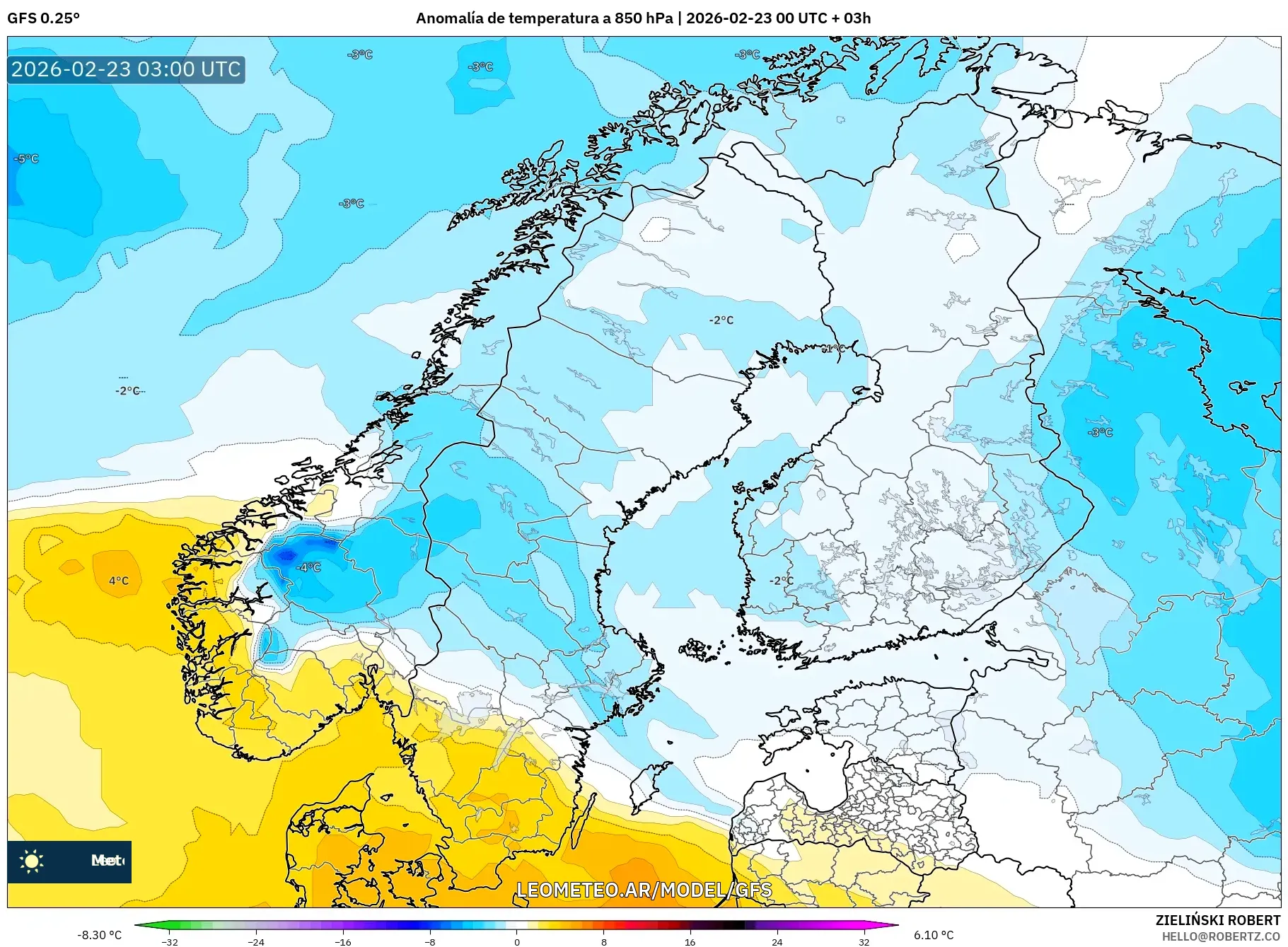 GFS model - Skandynawia, Anomalia temperatury na 850 hPa