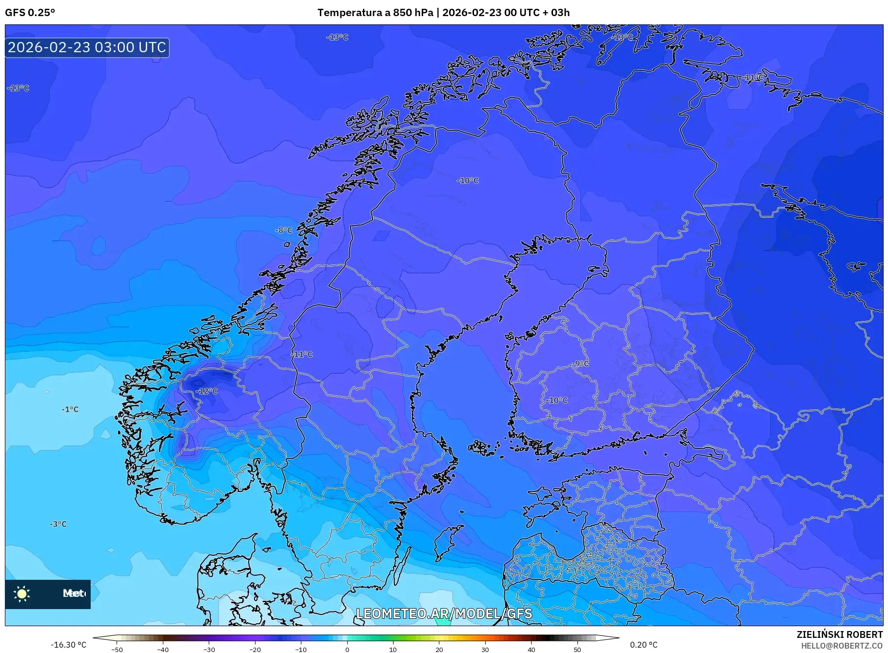 GFS model - Skandynawia, Temperatura na 850 hPa