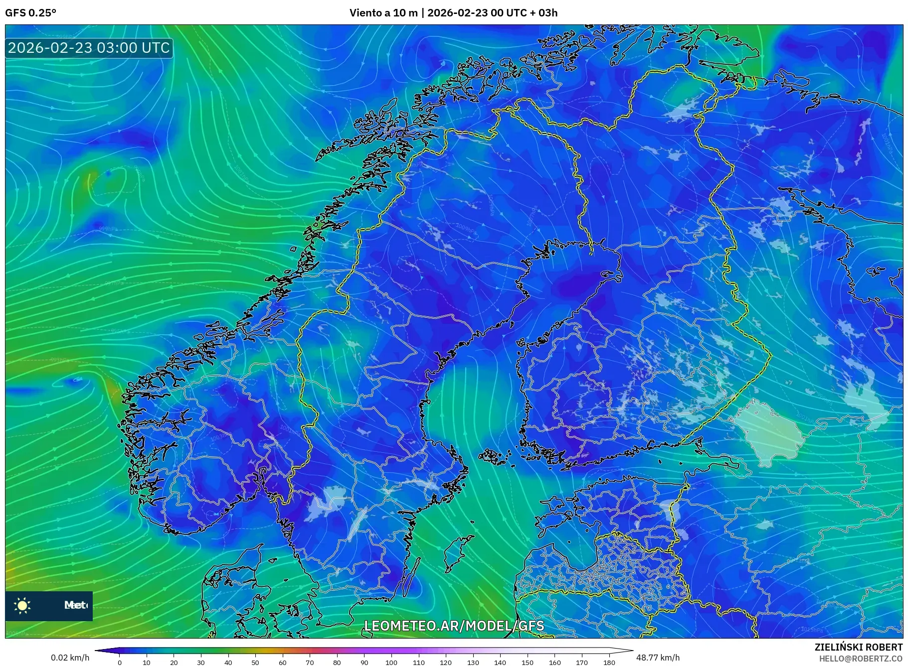GFS model - Skandynawia, Wiatr na 10 m