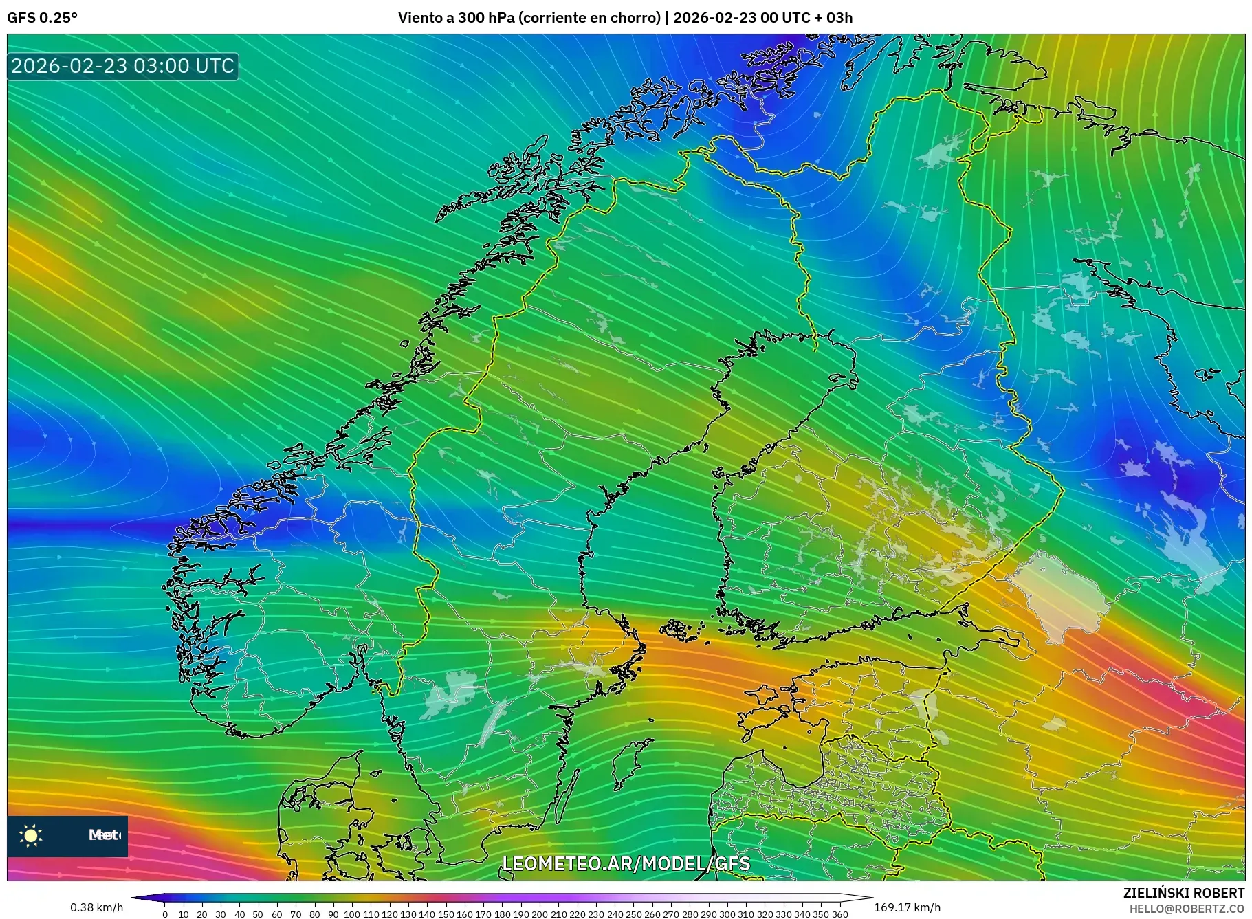 GFS model - Skandynawia, Wiatr na 300 hPa (prąd strumieniowy)