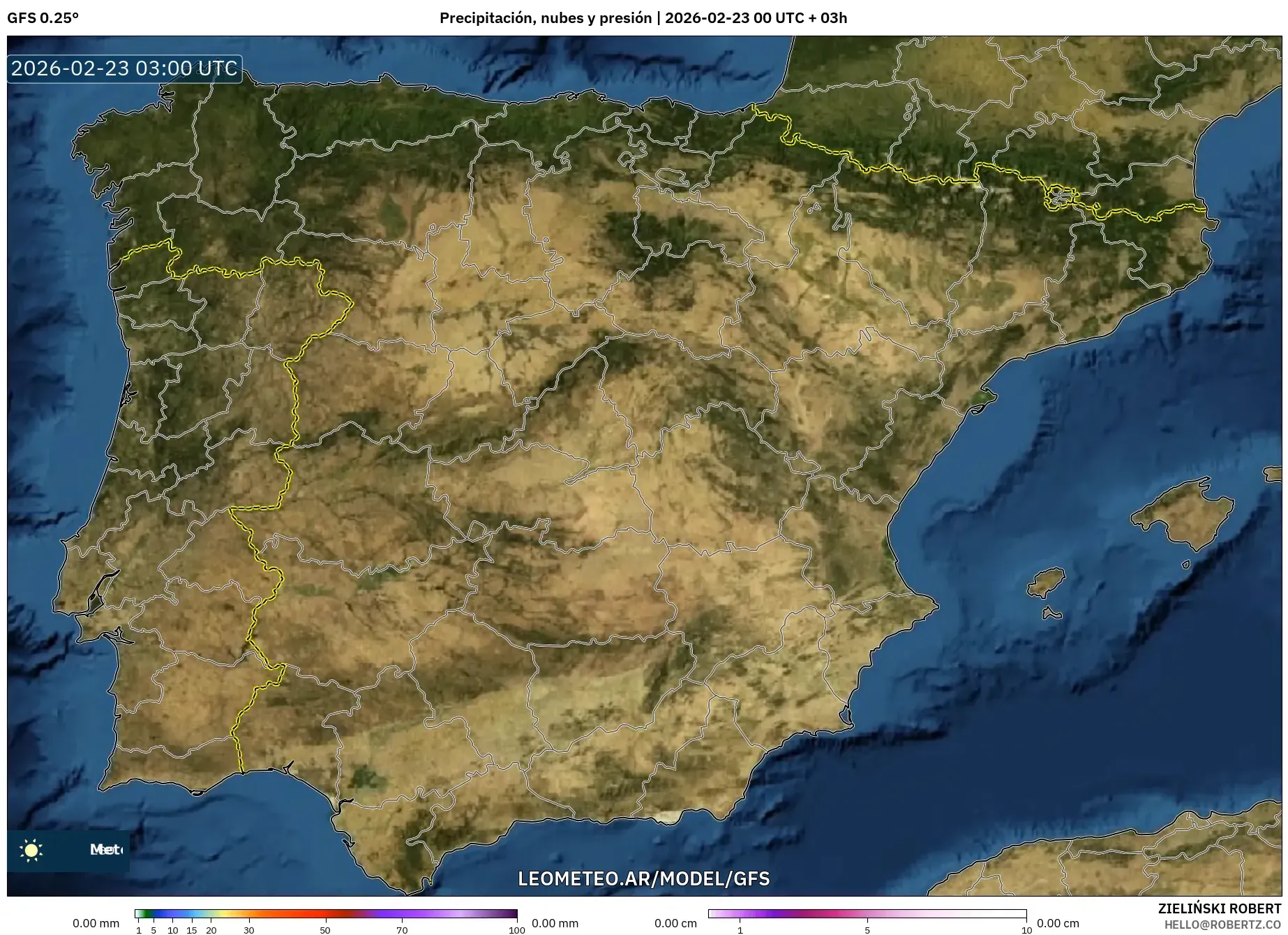 GFS model - Hiszpania, Opady, chmury i ciśnienie