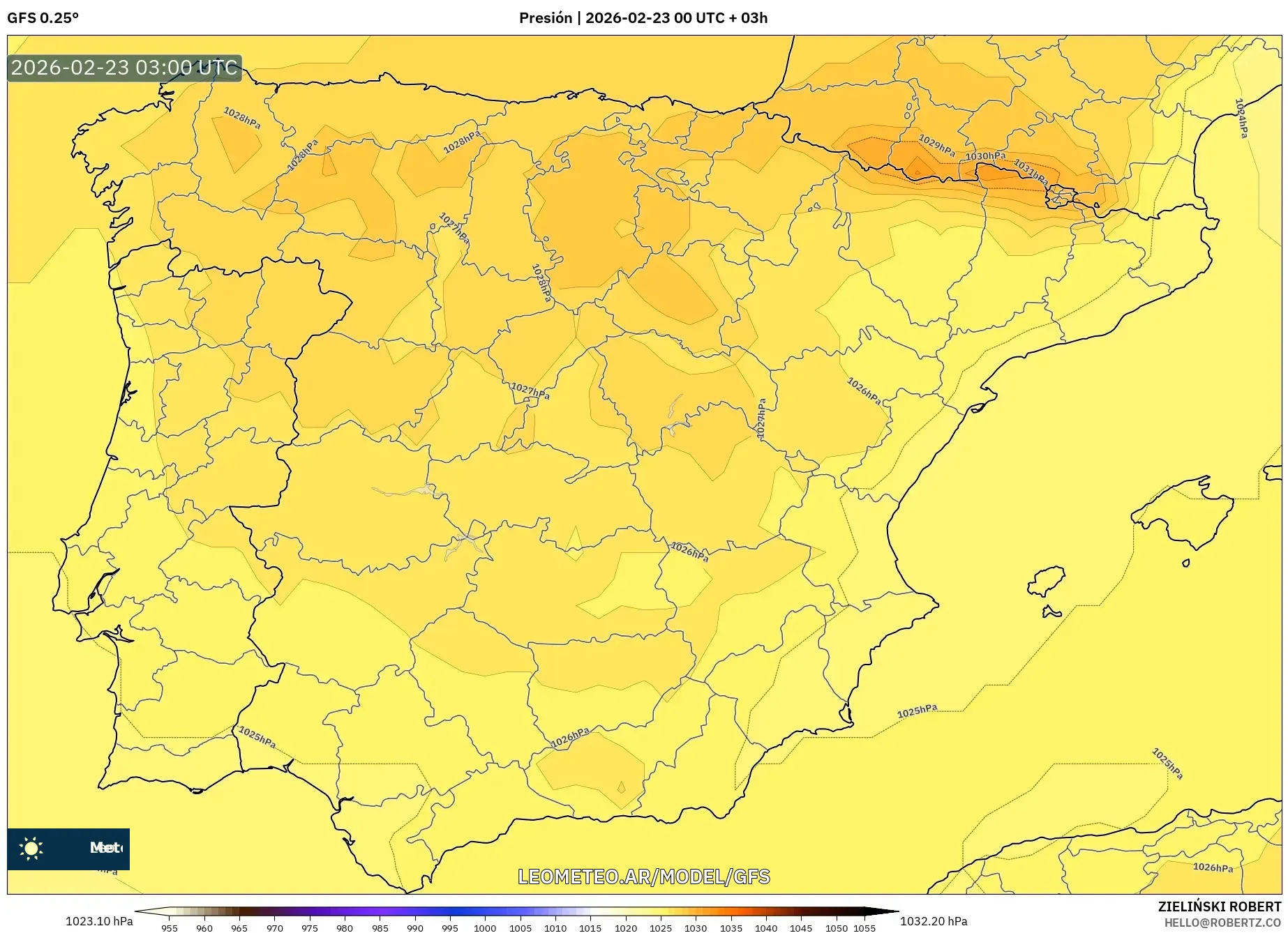 GFS model - Hiszpania, Ciśnienie