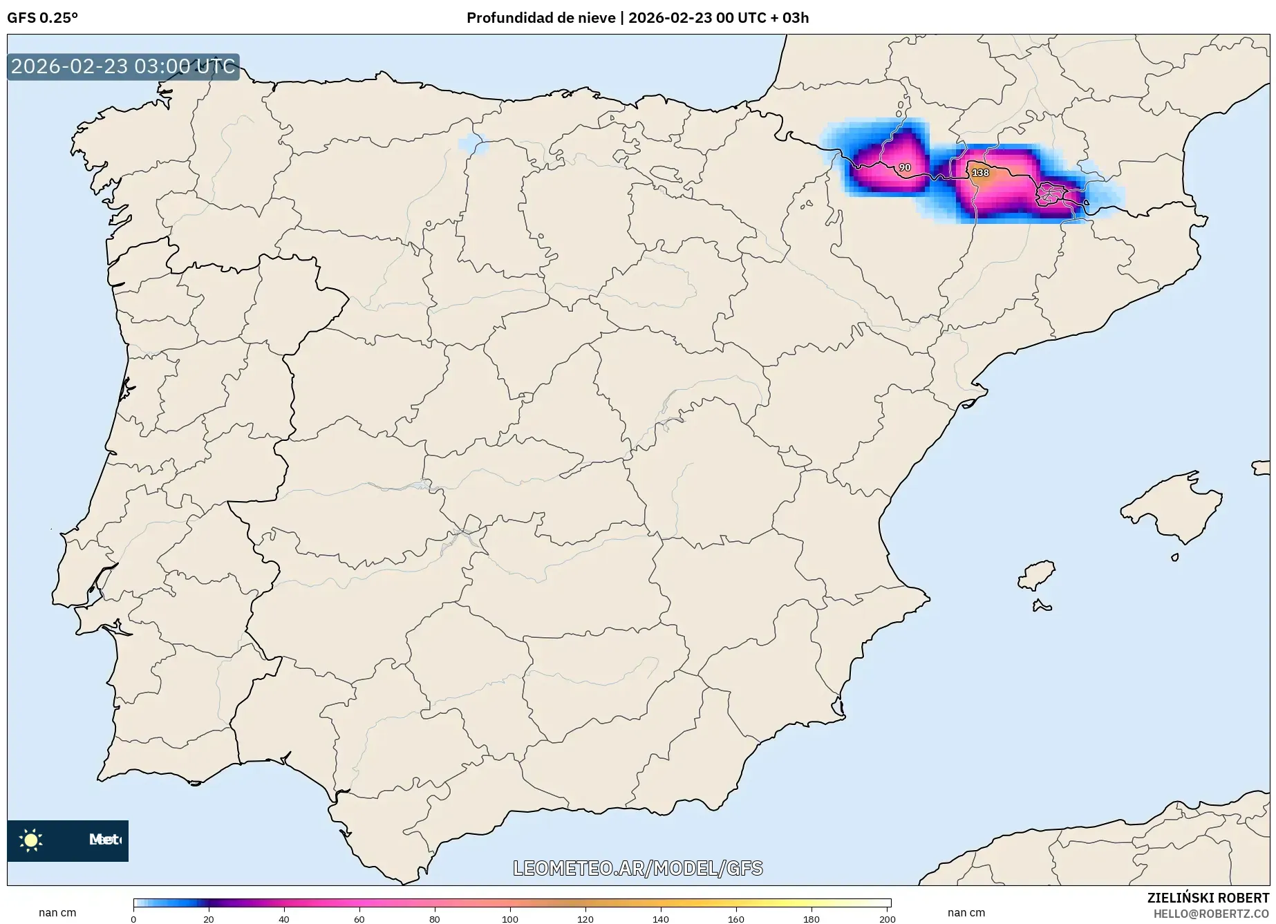 GFS model - Hiszpania, Pokrywa śnieżna