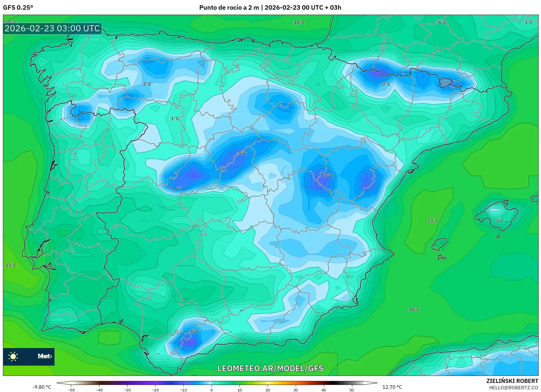 GFS model - Hiszpania, Punkt rosy na 2 m