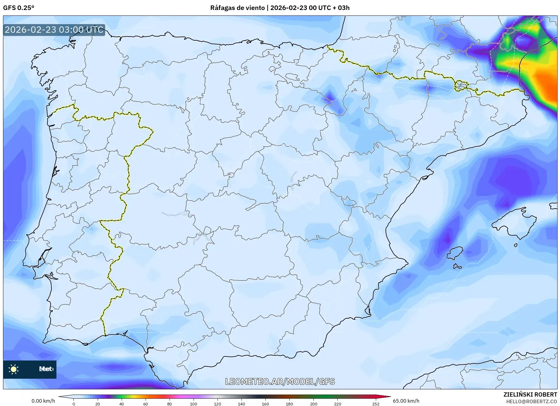 GFS model - Hiszpania, Porywy wiatru