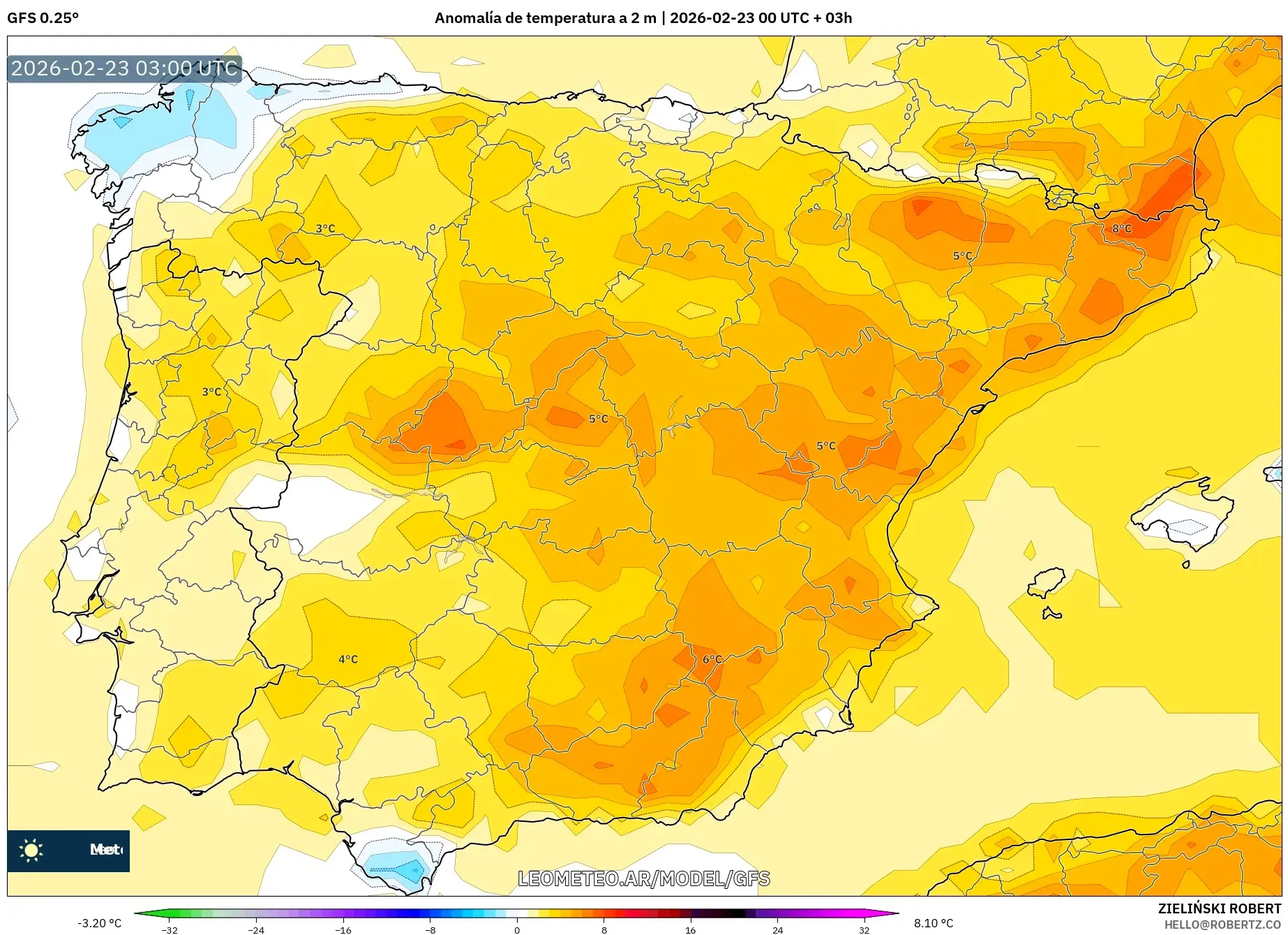 GFS model - Hiszpania, Anomalia temperatury na 2 m
