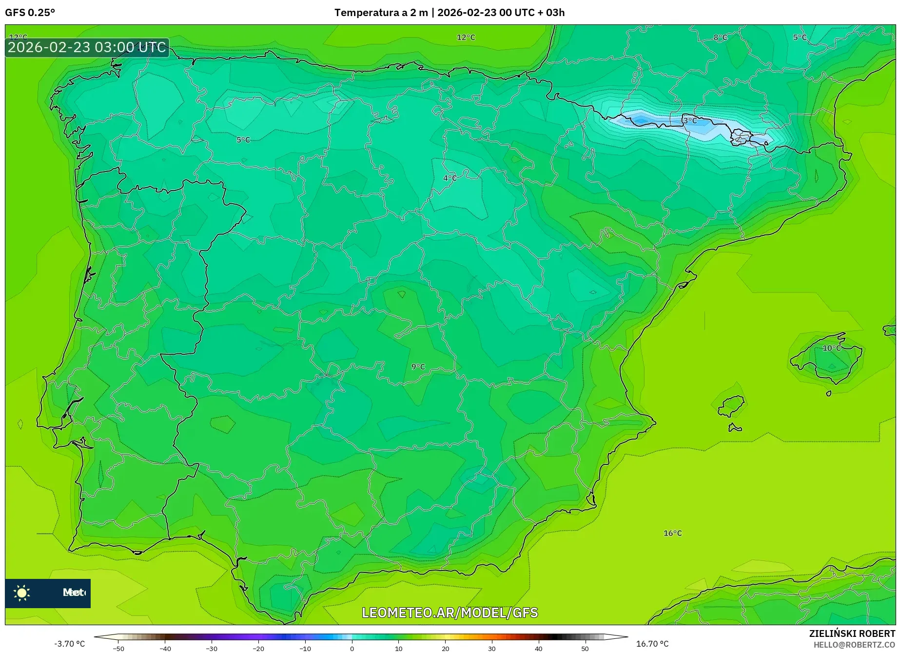 GFS model - Hiszpania, Temperatura na 2 m