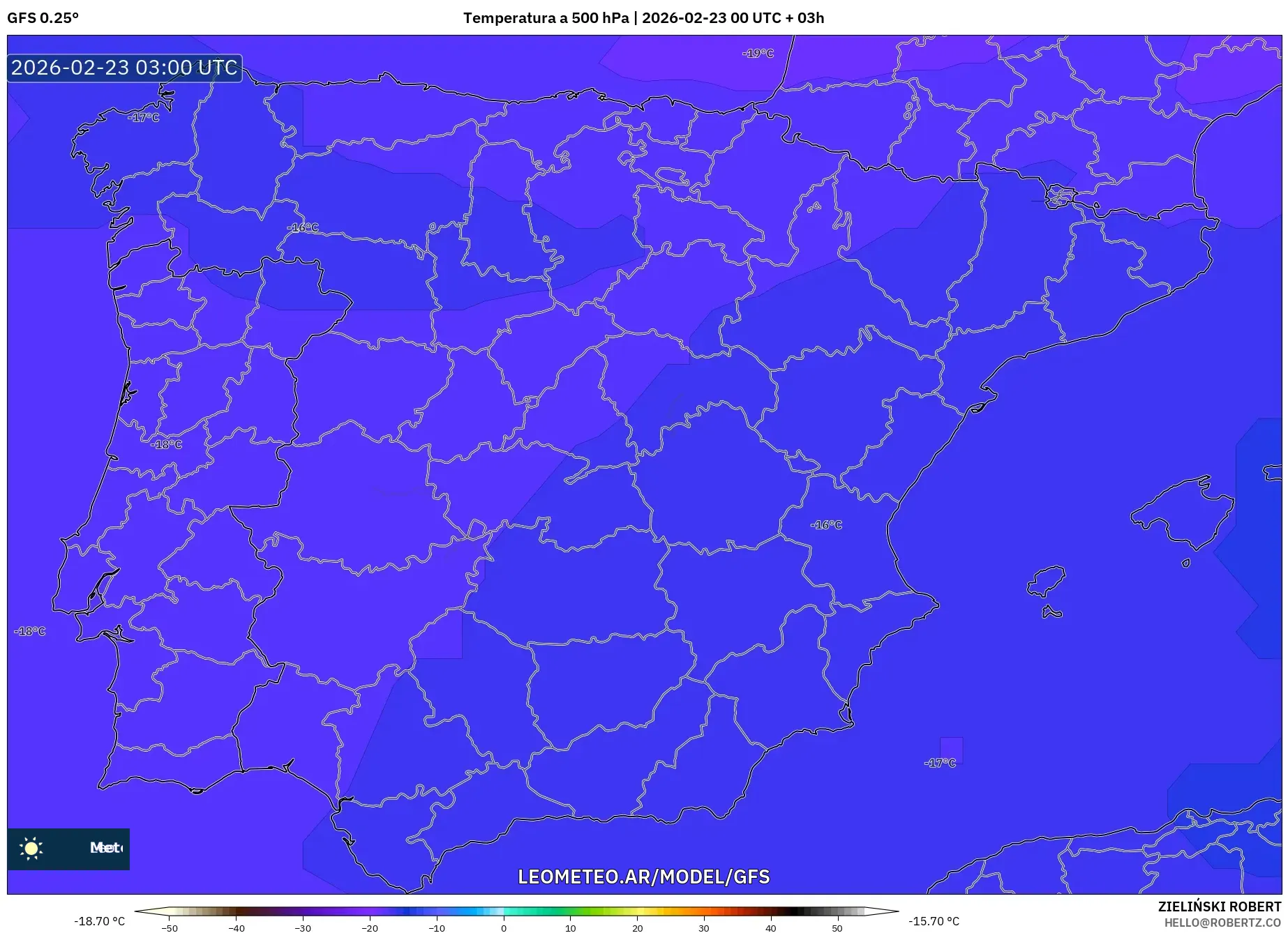 GFS model - Hiszpania, Temperatura na 500 hPa