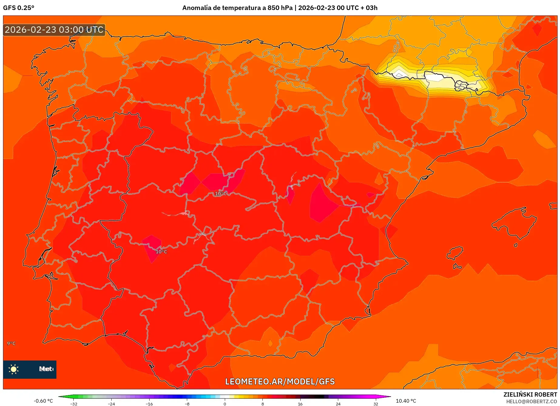 GFS model - Hiszpania, Anomalia temperatury na 850 hPa