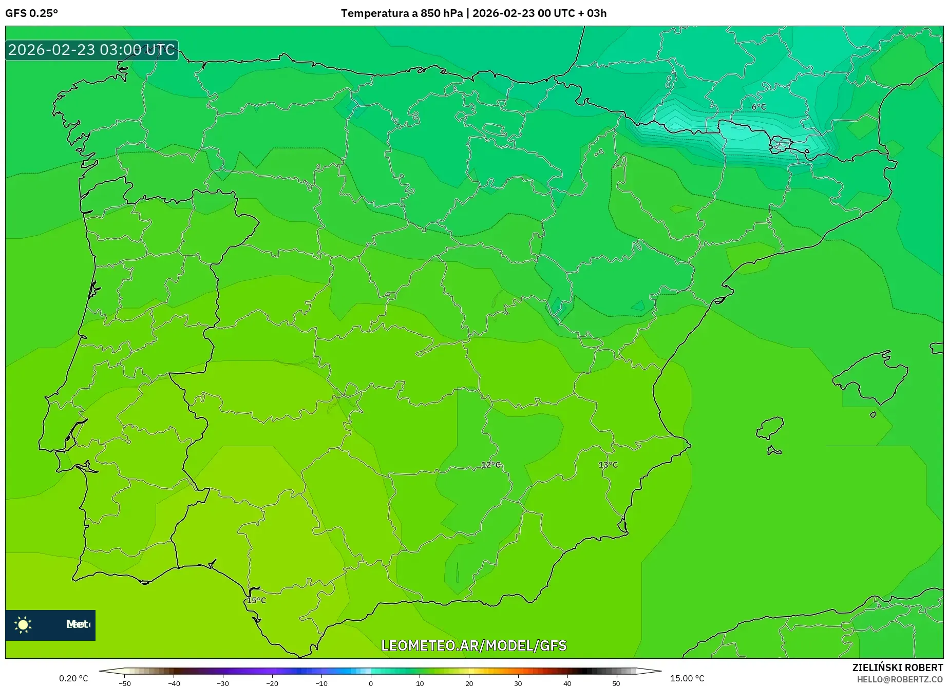 GFS model - Hiszpania, Temperatura na 850 hPa