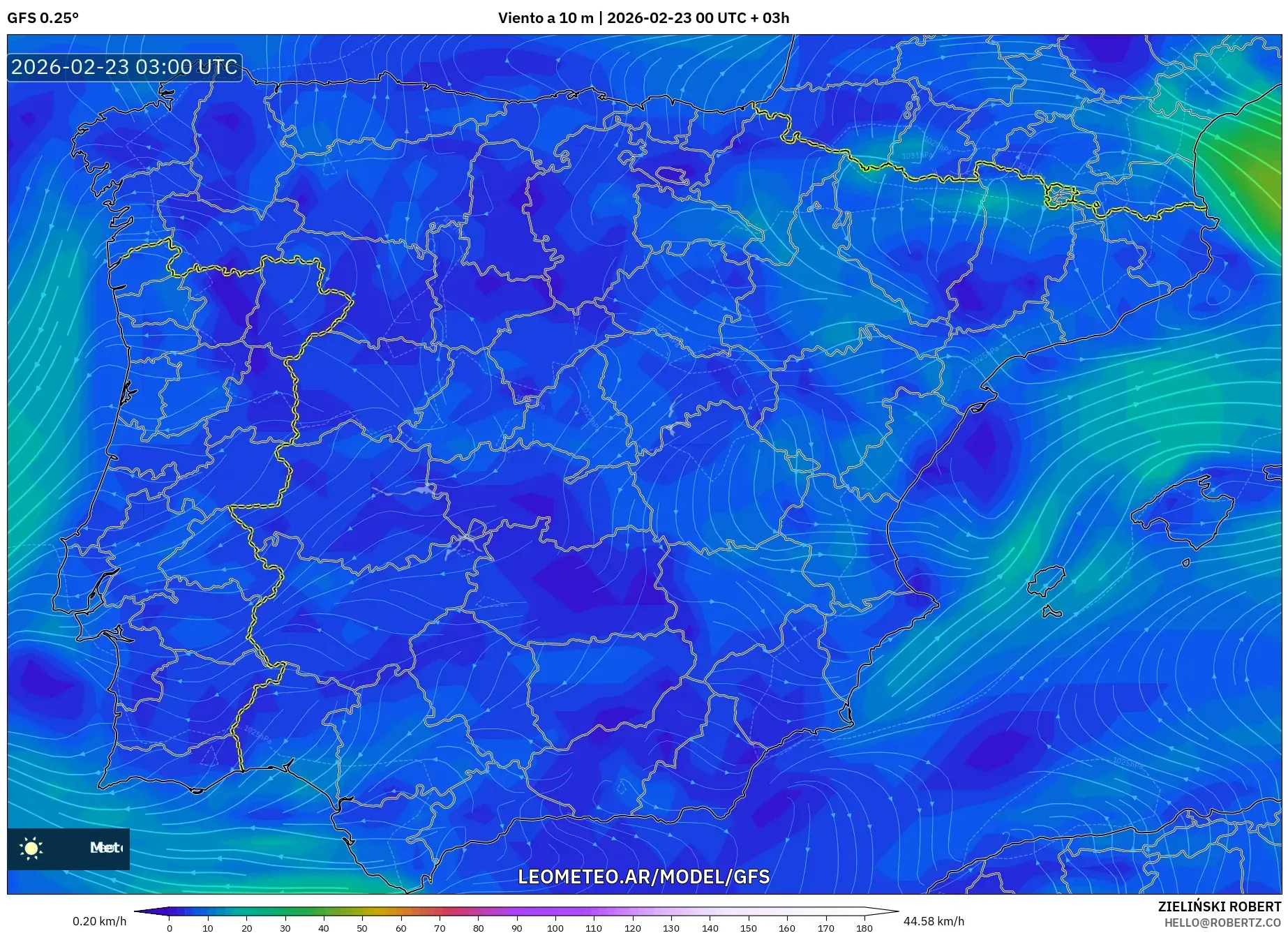 GFS model - Hiszpania, Wiatr na 10 m