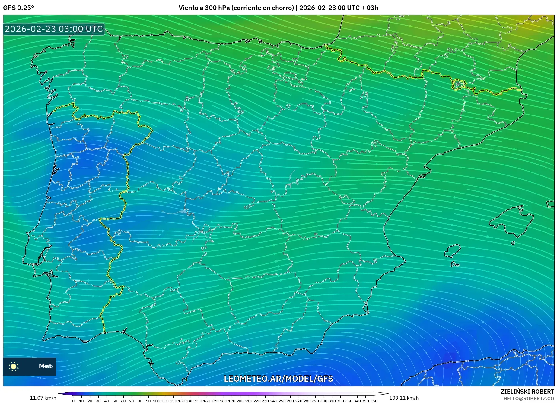 GFS model - Hiszpania, Wiatr na 300 hPa (prąd strumieniowy)
