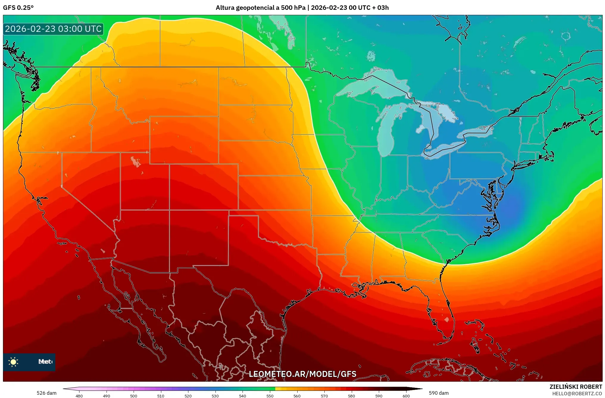 GFS model - Stany Zjednoczone, Wysokość geopotencjalna na poziomie 500 hPa