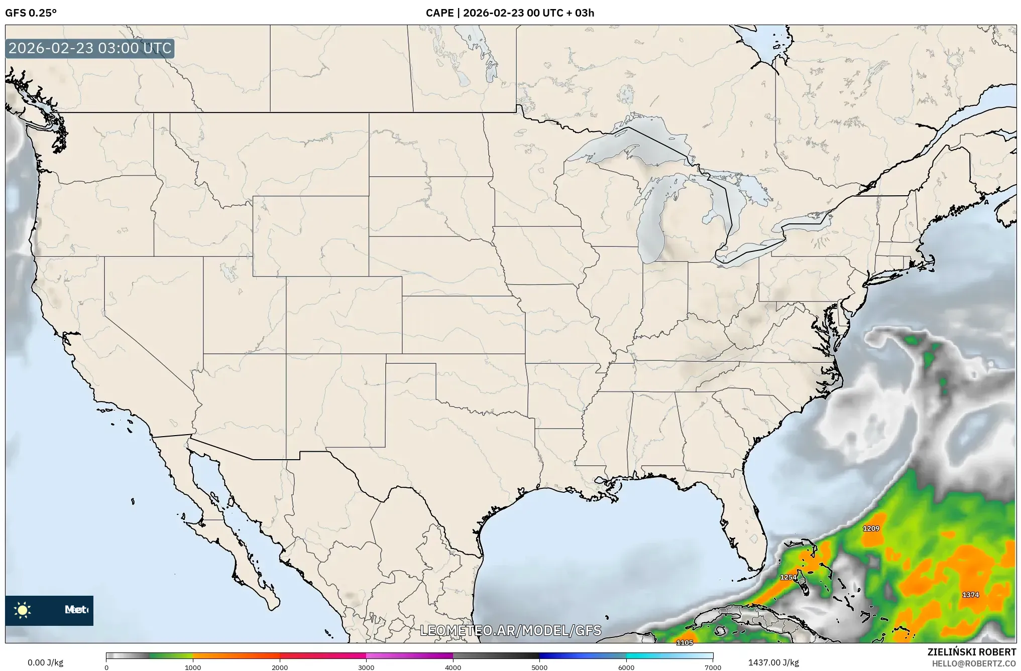 GFS model - Stany Zjednoczone, CAPE