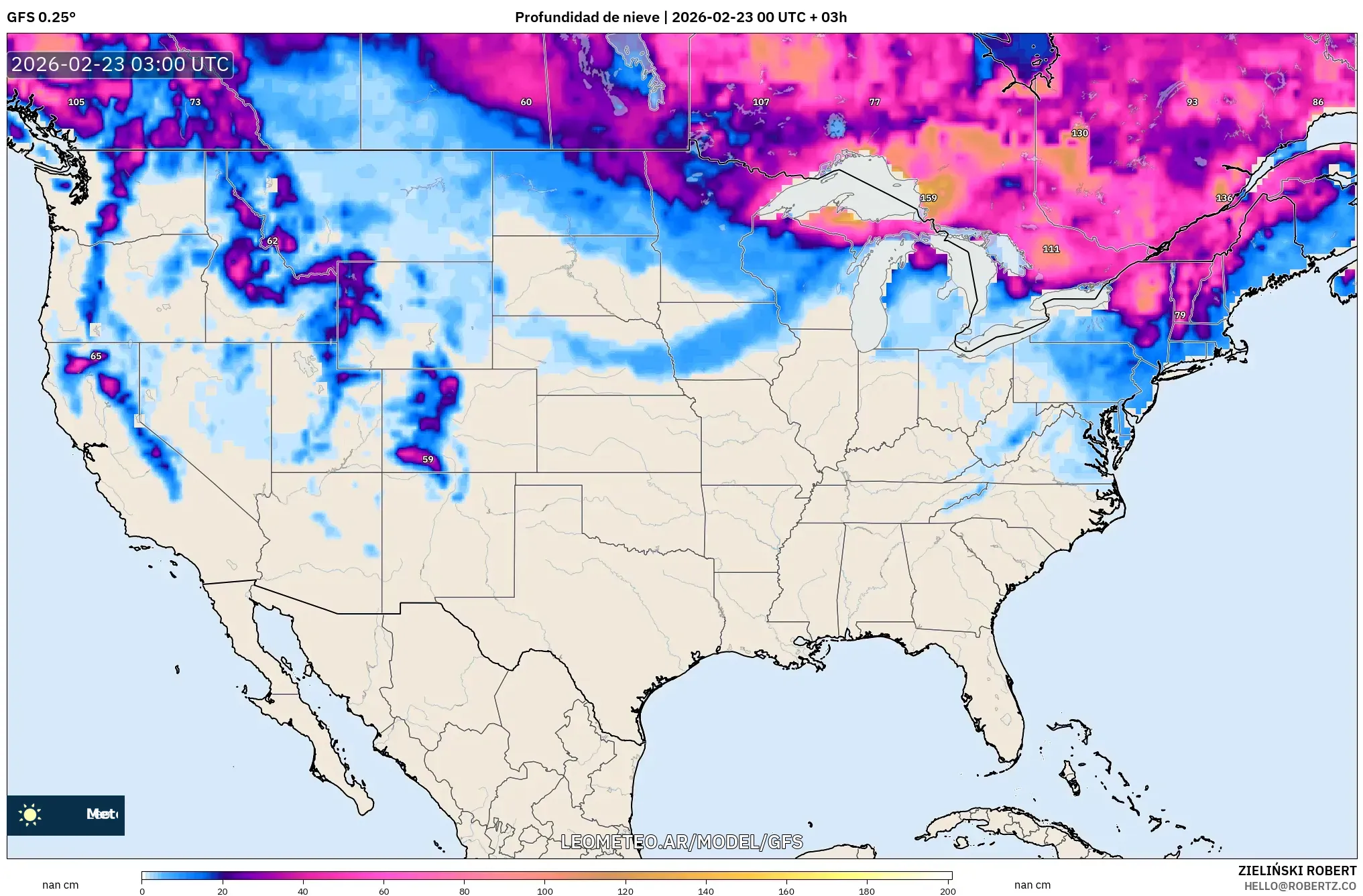 GFS model - Stany Zjednoczone, Pokrywa śnieżna