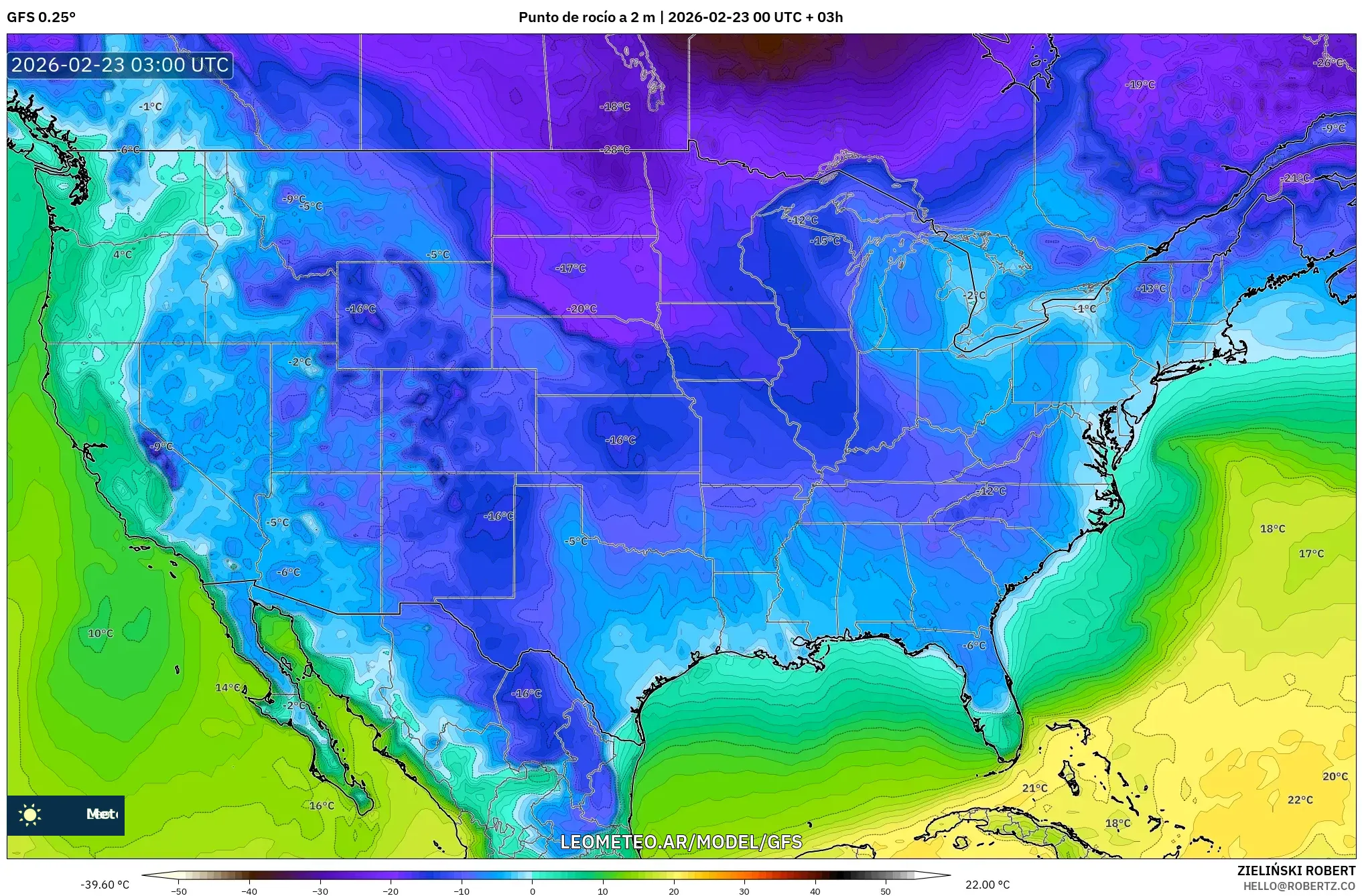 GFS model - Stany Zjednoczone, Punkt rosy na 2 m