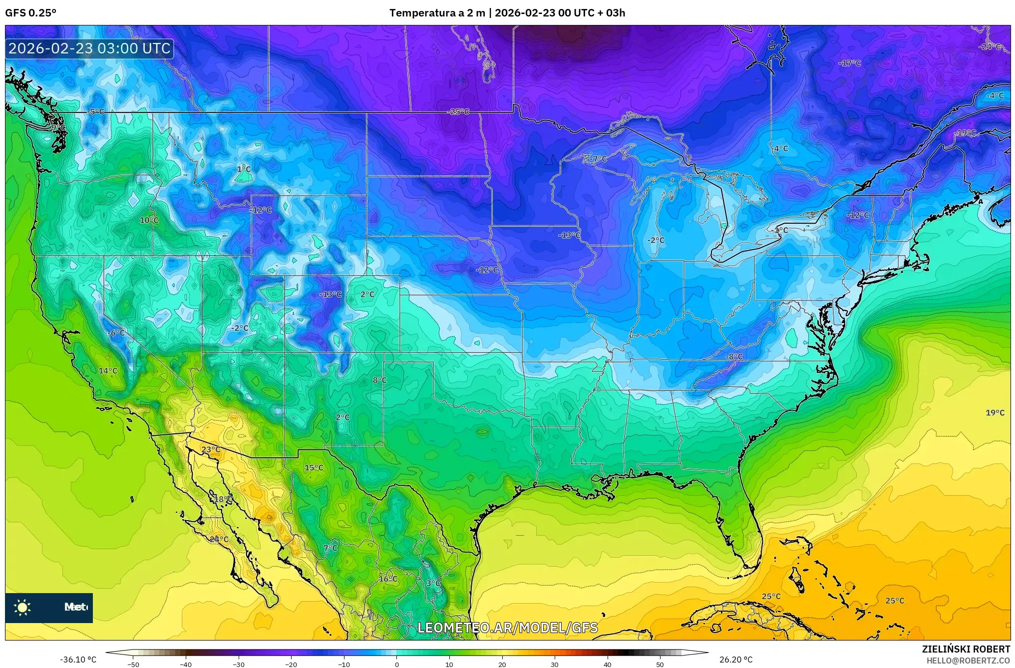 GFS model - Stany Zjednoczone, Temperatura na 2 m